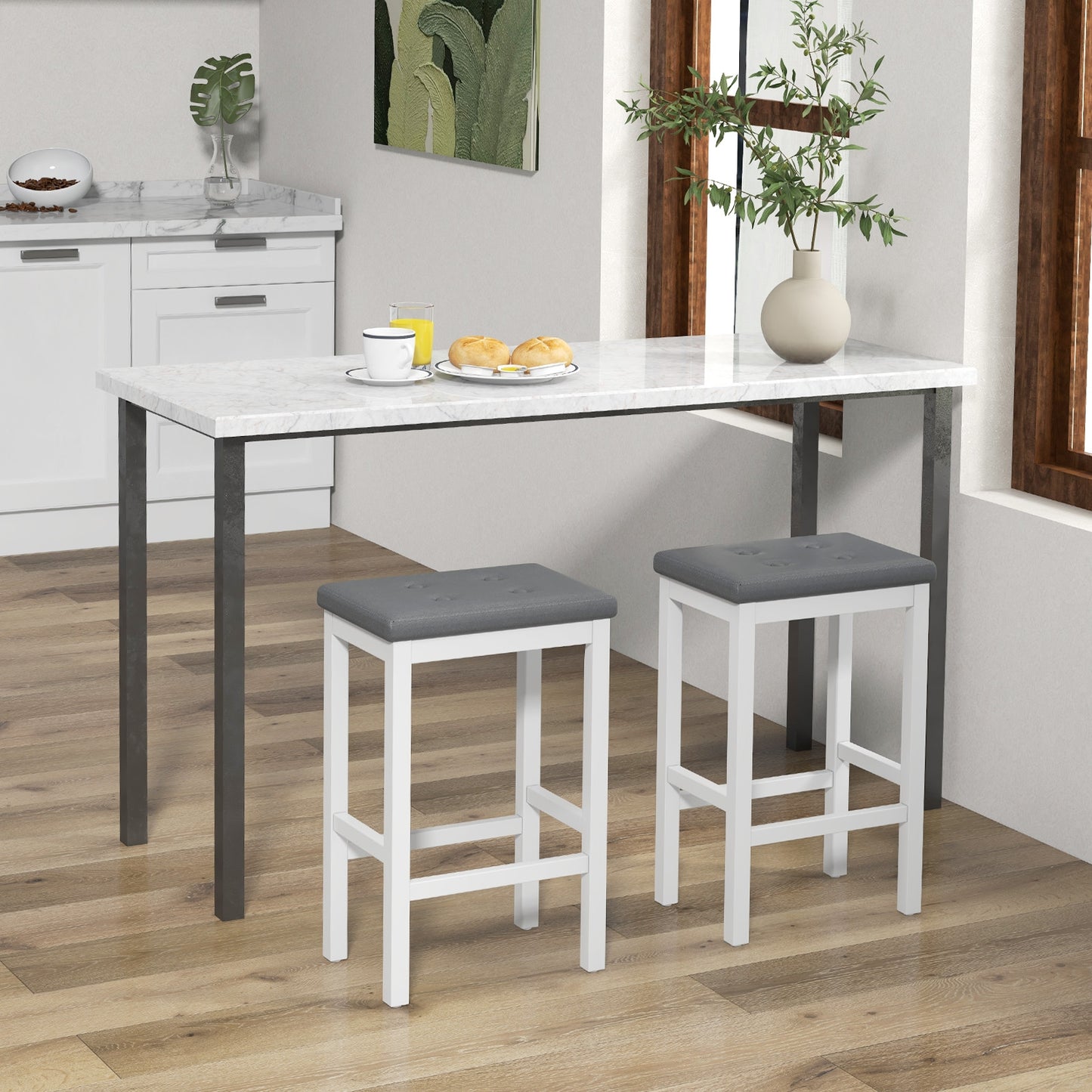 Set of 2 Counter Bar Chairs with Faux Leather Seat and Footrest, 24 Inch White Wood Frame