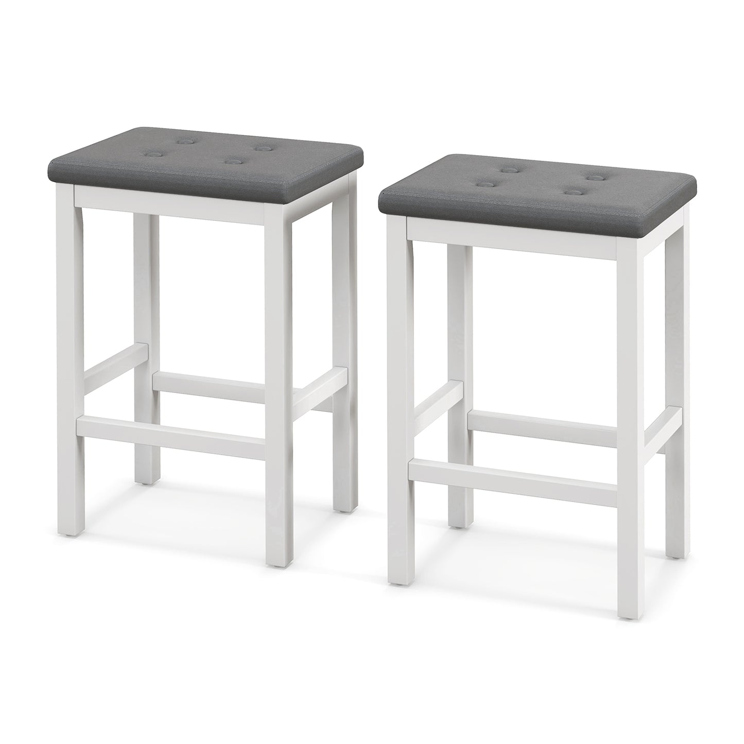 Set of 2 Counter Bar Chairs with Faux Leather Seat and Footrest, 24 Inch White Wood Frame