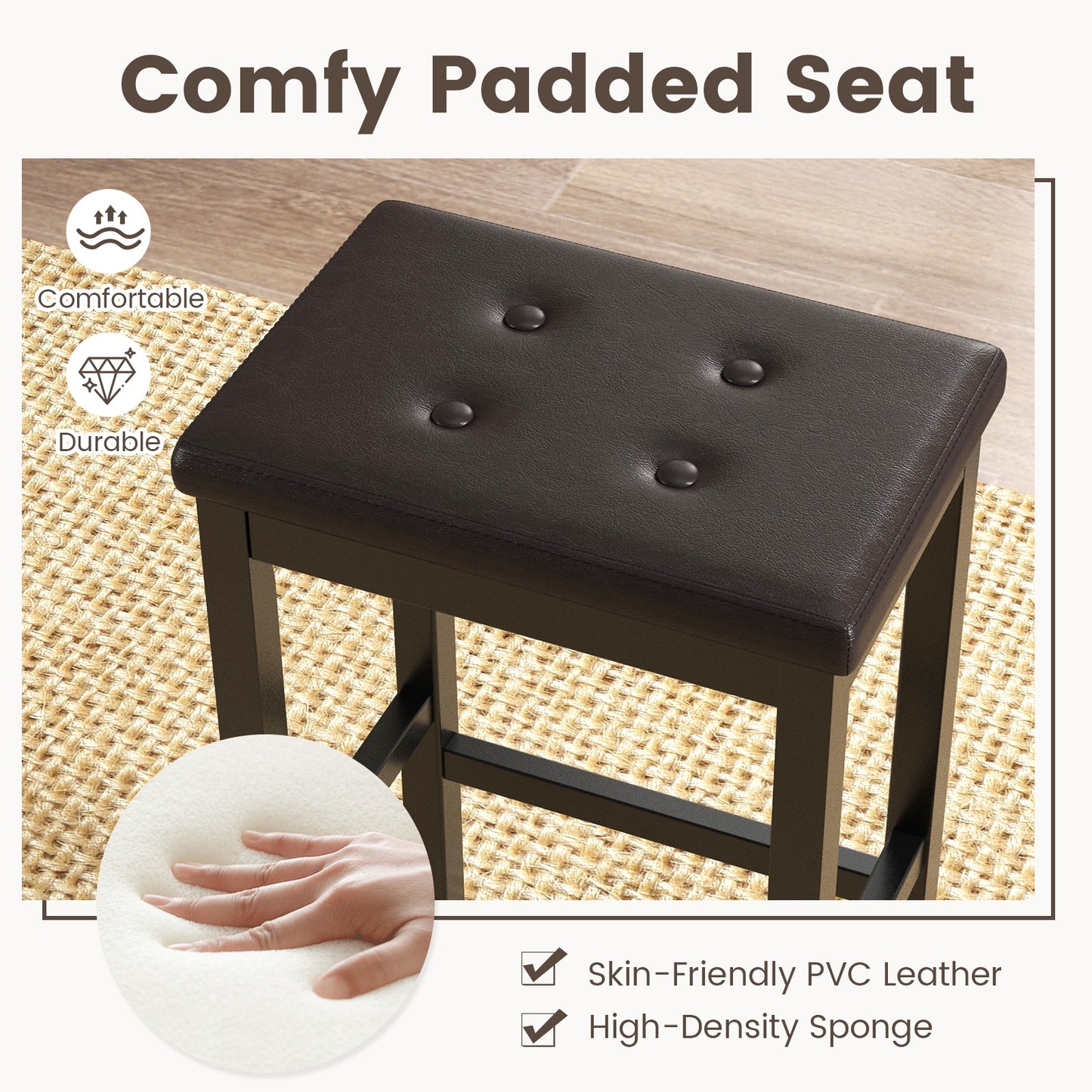 Set of 2 Counter Bar Chairs with Faux Leather Seat and Footrest, 24 Inch Brown Wood Frame