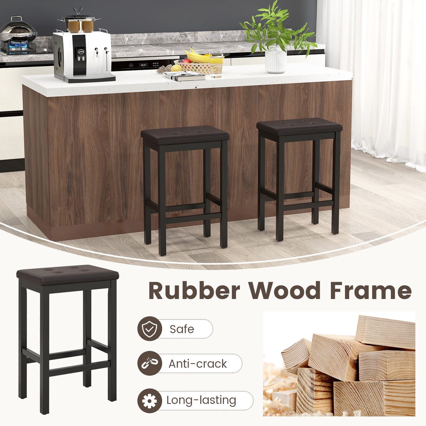 Set of 2 Counter Bar Chairs with Faux Leather Seat and Footrest, 24 Inch Brown Wood Frame