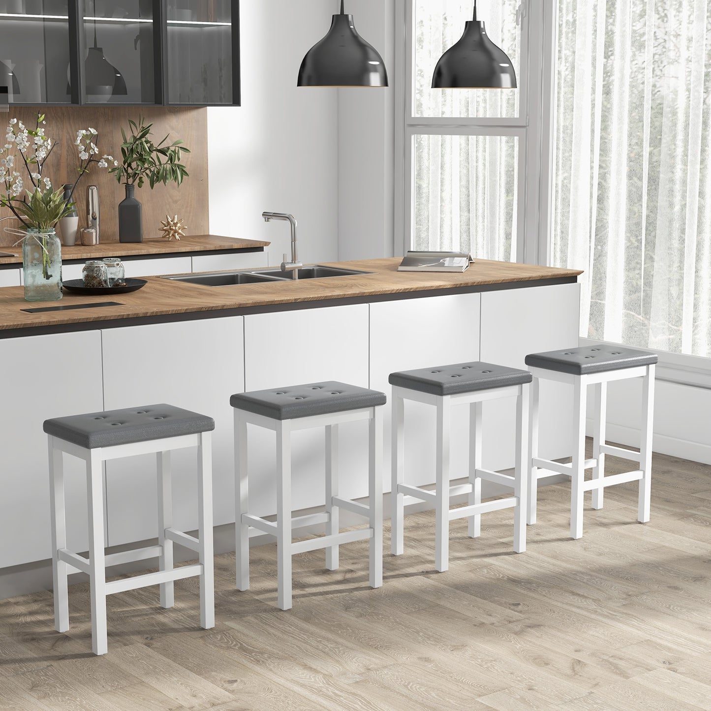 Set of 2 Counter Bar Chairs with Faux Leather Seat and Footrest, 24 Inch White Wood Frame