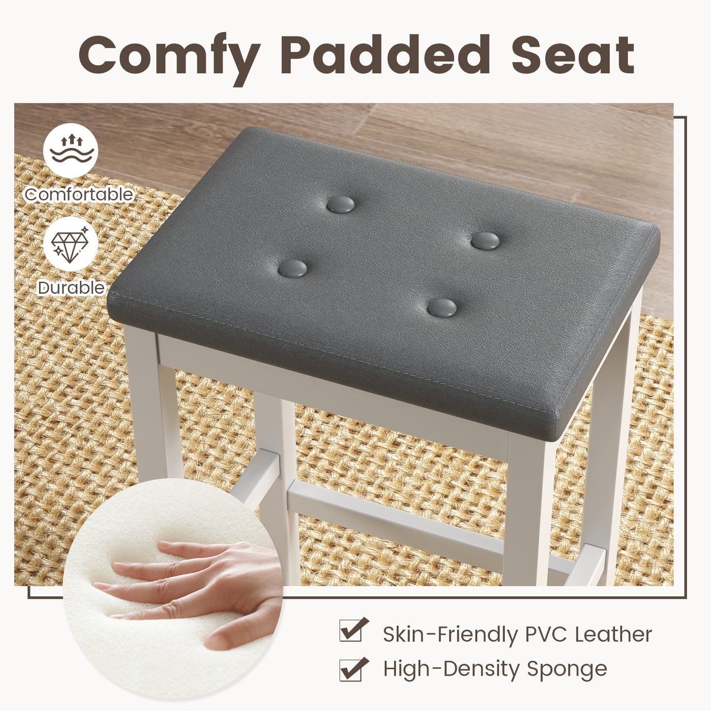 Set of 2 Counter Bar Chairs with Faux Leather Seat and Footrest, 24 Inch White Wood Frame
