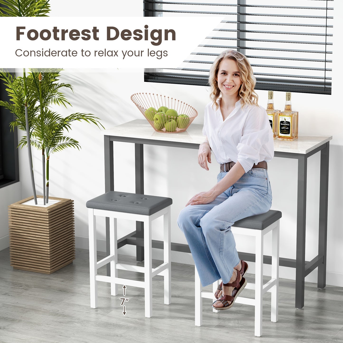 Set of 2 Counter Bar Chairs with Faux Leather Seat and Footrest, 24 Inch White Wood Frame