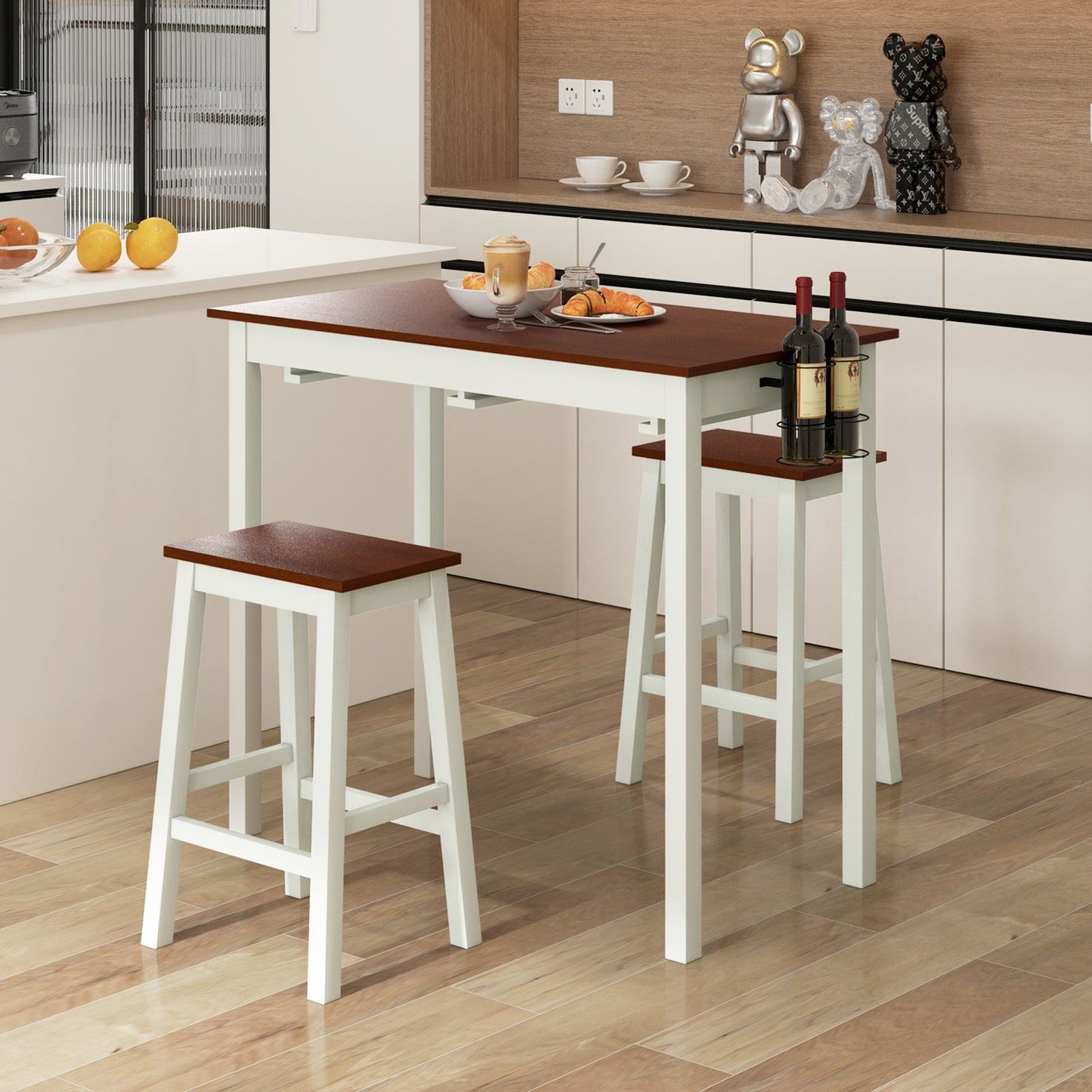 3 Piece Pub Dining Set with Wooden Table Legs and Built In Wine Holders