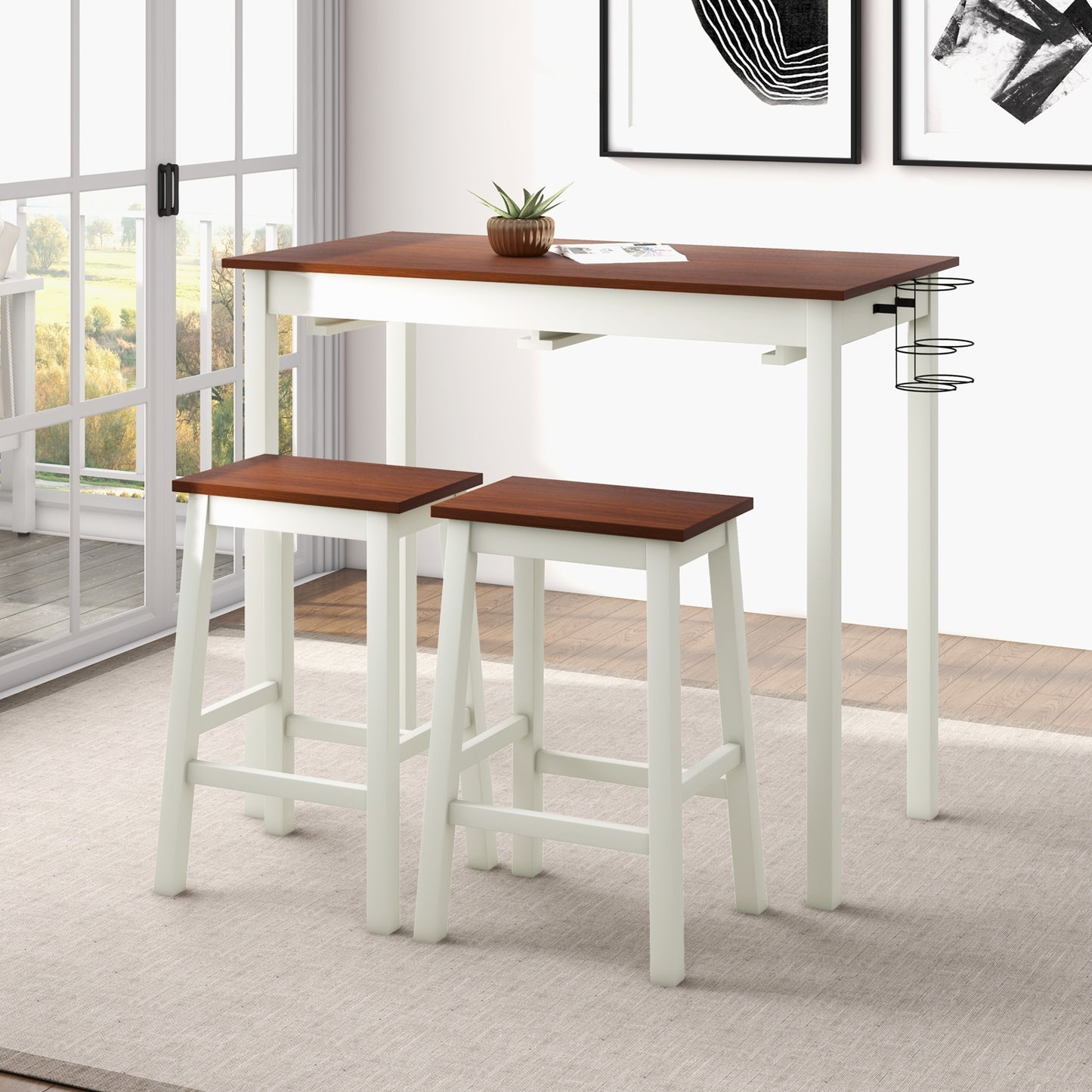 3 Piece Pub Dining Set with Wooden Table Legs and Built In Wine Holders