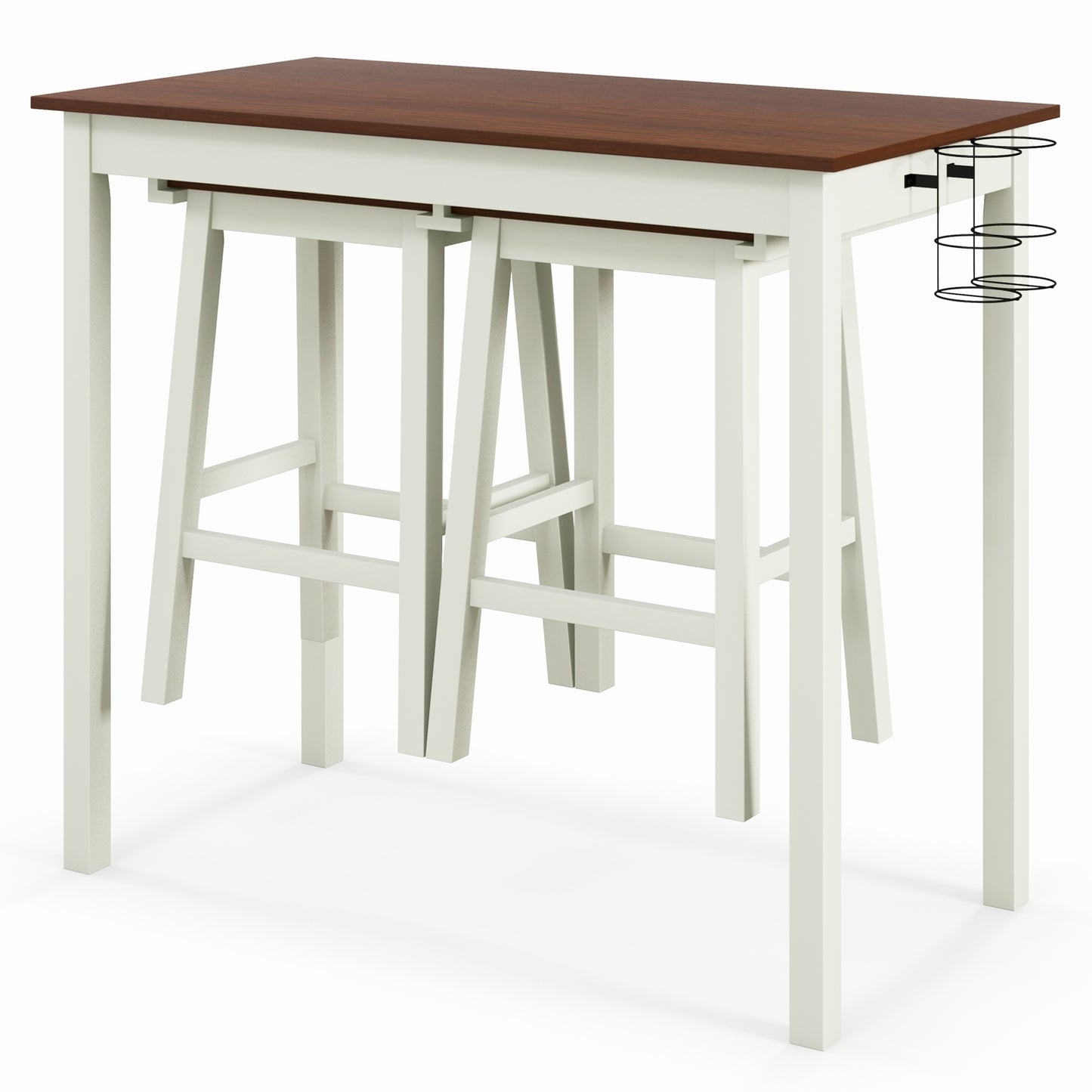 3 Piece Pub Dining Set with Wooden Table Legs and Built In Wine Holders