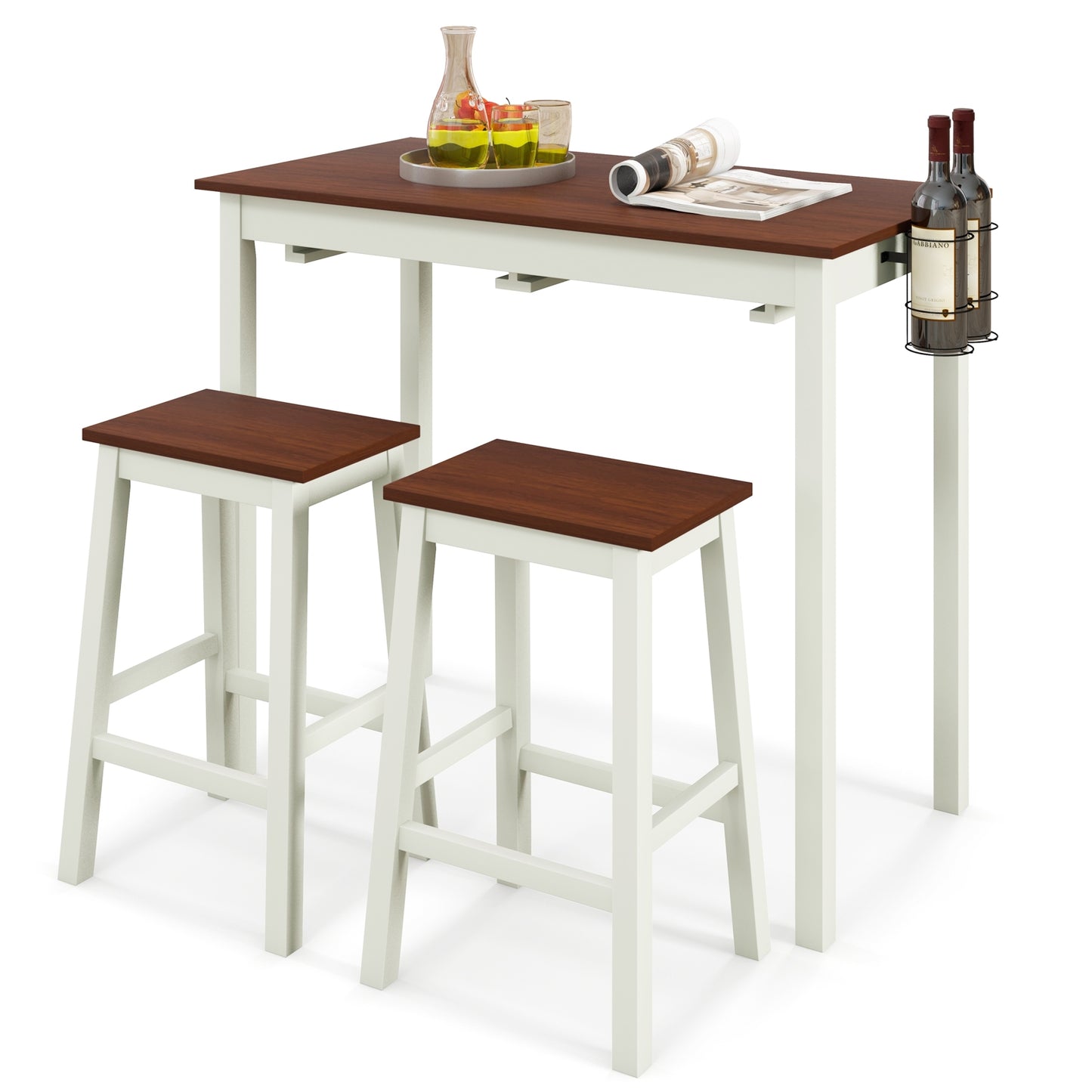 3 Piece Pub Dining Set with Wooden Table Legs and Built In Wine Holders
