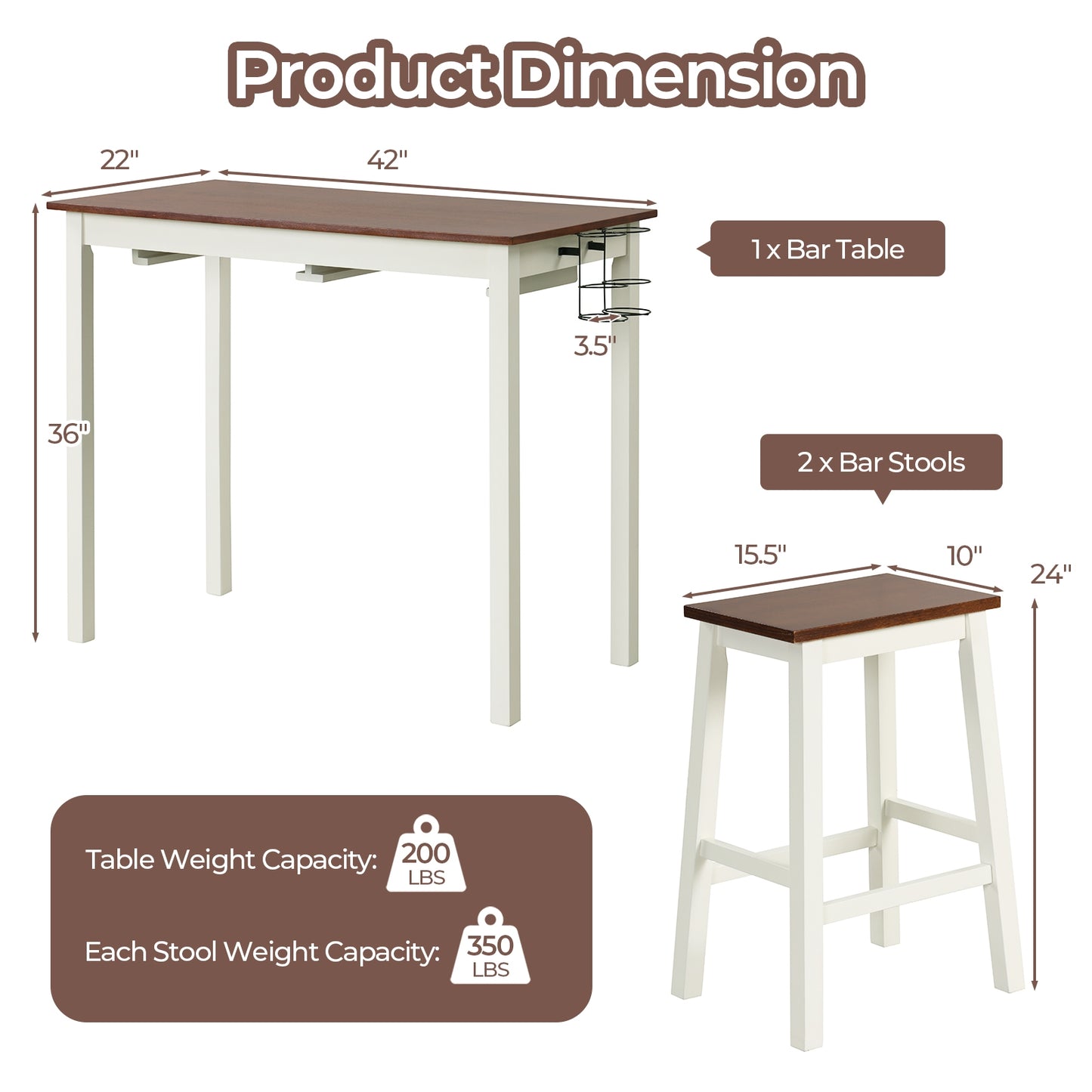 3 Piece Pub Dining Set with Wooden Table Legs and Built In Wine Holders
