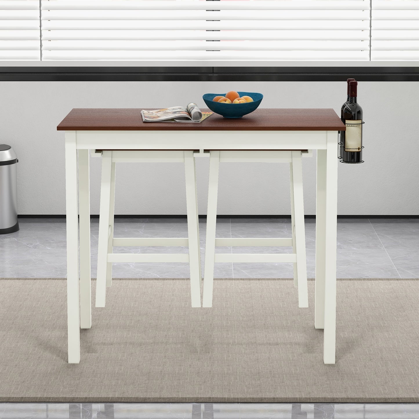 3 Piece Pub Dining Set with Wooden Table Legs and Built In Wine Holders