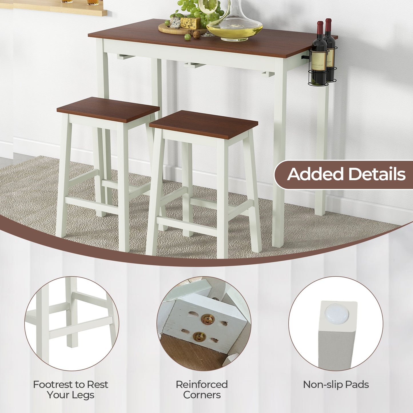 3 Piece Pub Dining Set with Wooden Table Legs and Built In Wine Holders