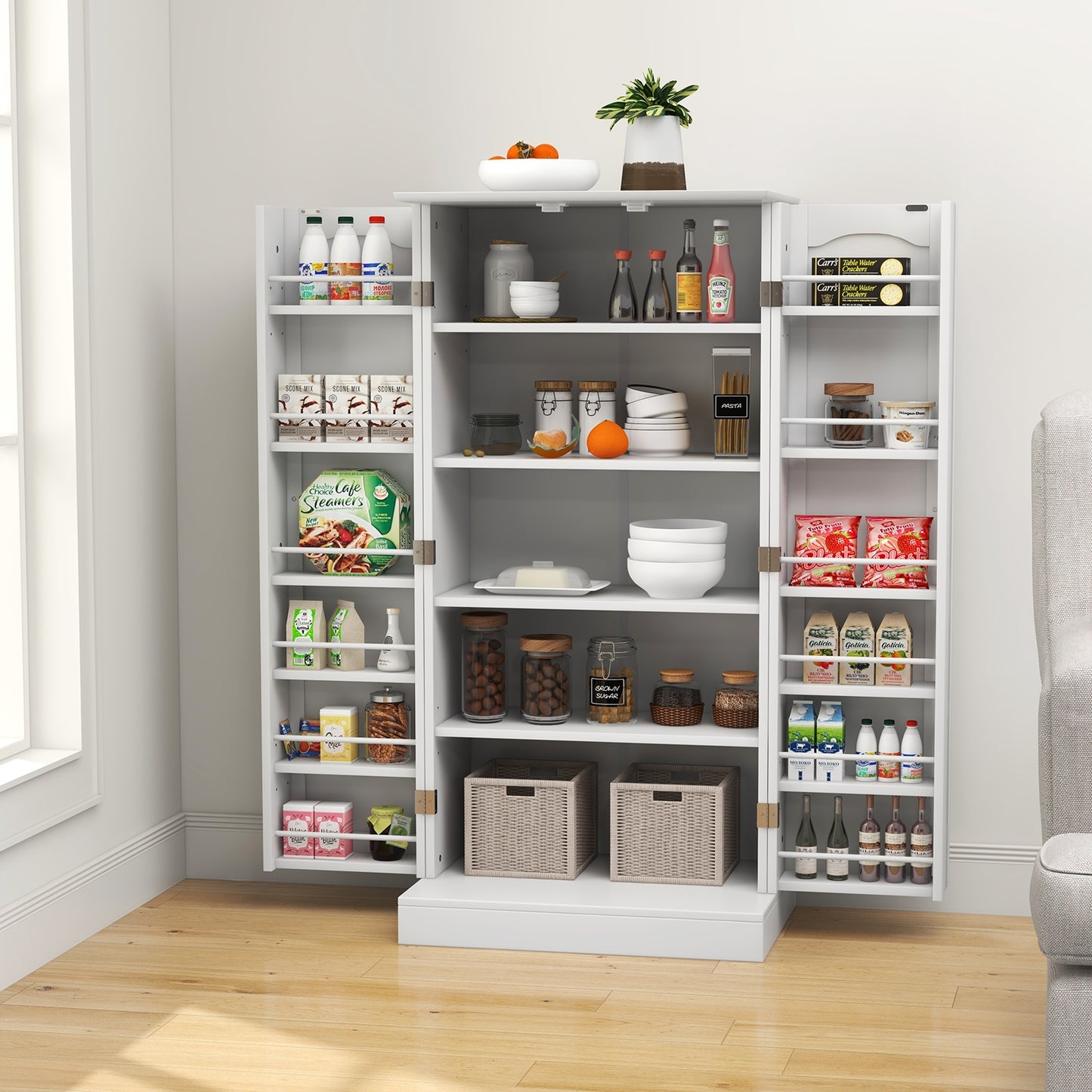 Freestanding Kitchen Sideboard Cabinet with Adjustable Shelves and 2 Door Cupboards with Safety Anchors