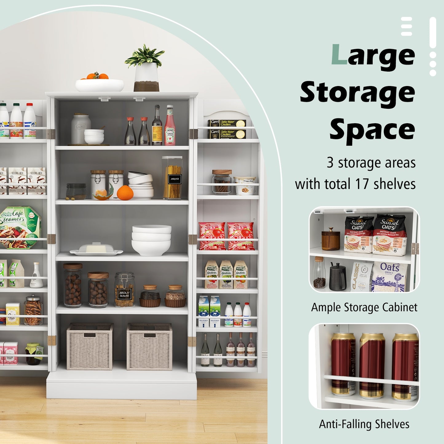 Freestanding Kitchen Sideboard Cabinet with Adjustable Shelves and 2 Door Cupboards with Safety Anchors