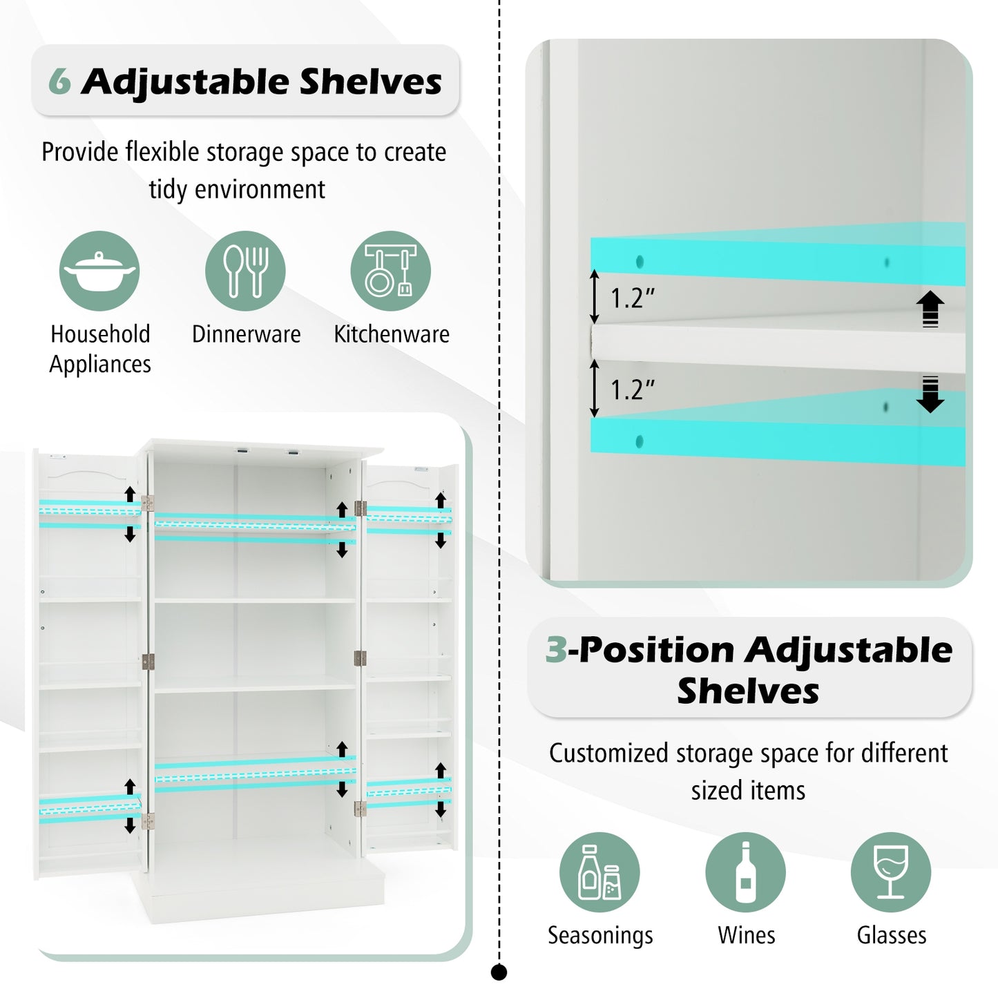 Freestanding Kitchen Sideboard Cabinet with Adjustable Shelves and 2 Door Cupboards with Safety Anchors