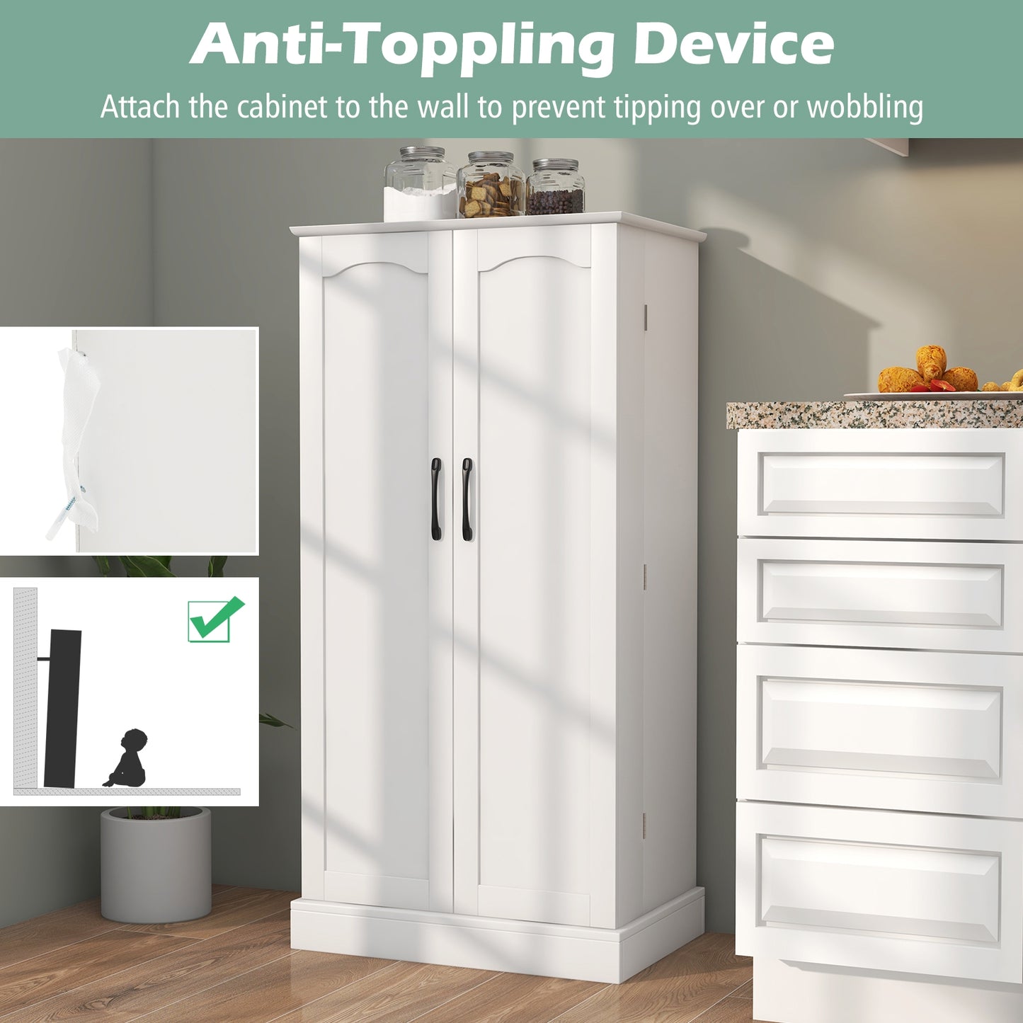 Freestanding Kitchen Sideboard Cabinet with Adjustable Shelves and 2 Door Cupboards with Safety Anchors