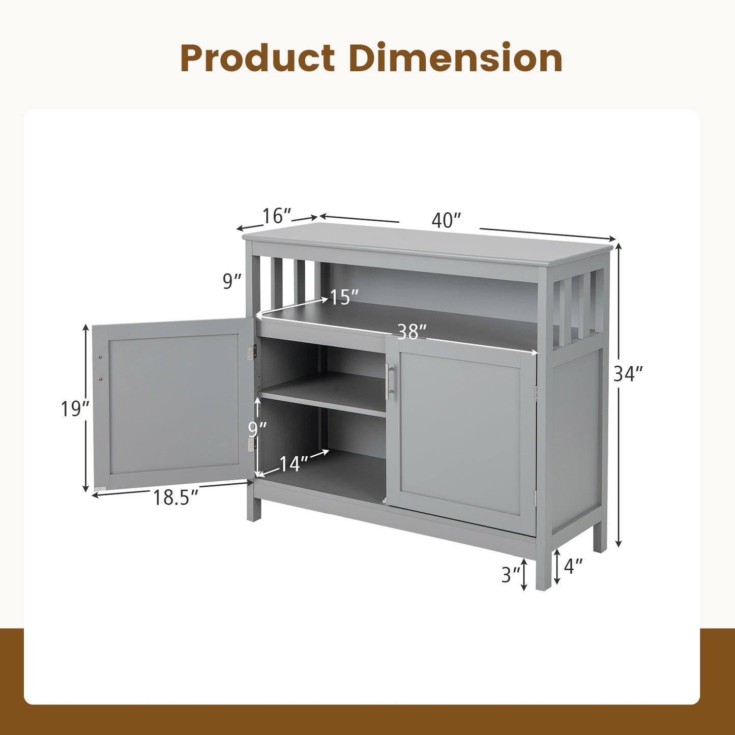 Kitchen Sideboard Buffet Cabinet with Adjustable Shelf and Double Doors for Dining Storage - Grey