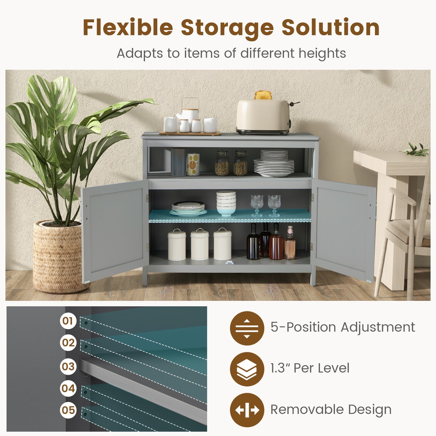 Kitchen Sideboard Buffet Cabinet with Adjustable Shelf and Double Doors for Dining Storage - Grey