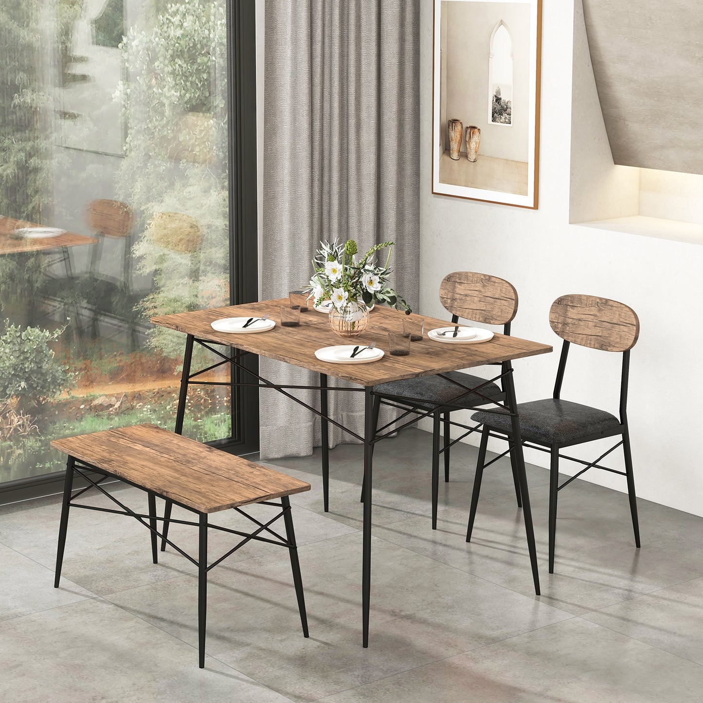 Rustic 4 Piece Dining Set with Rectangular Table Bench and Two Upholstered Chairs