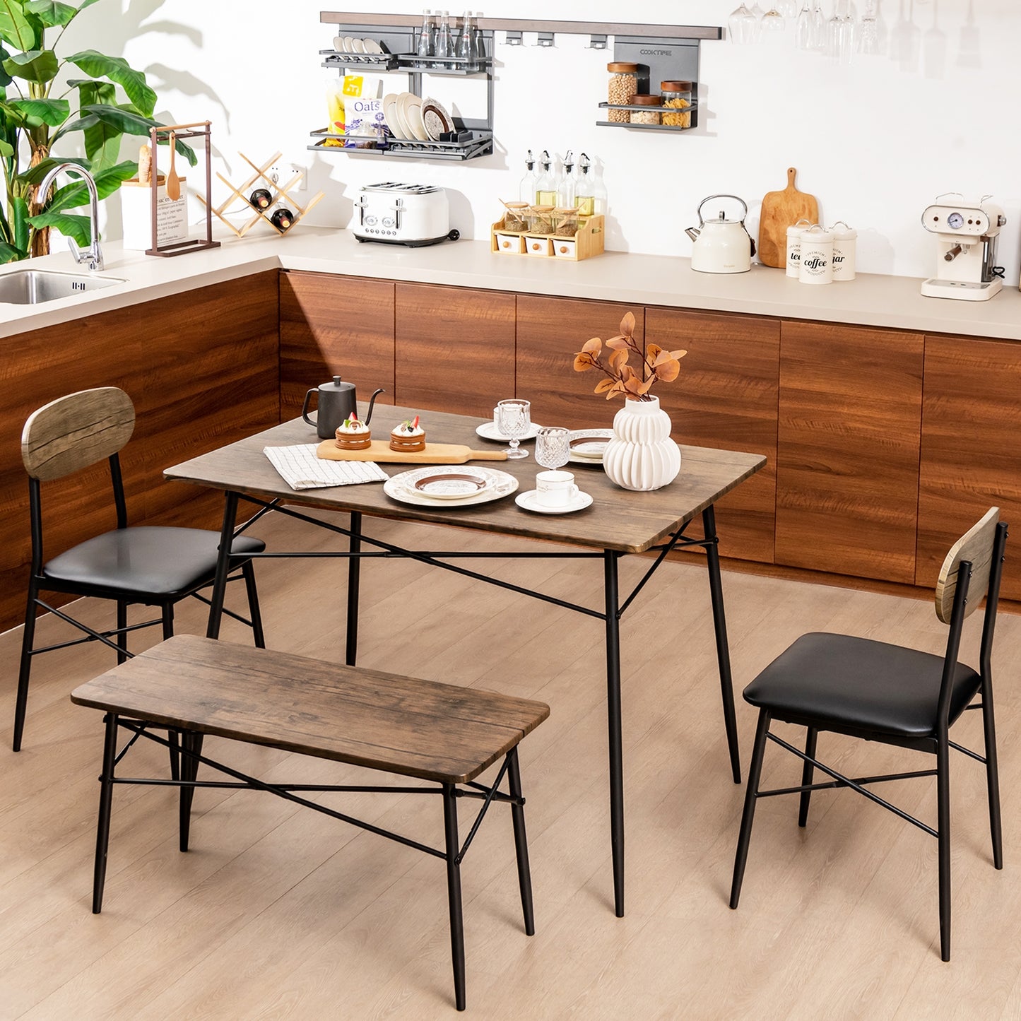 Rustic 4 Piece Dining Set with Rectangular Table Bench and Two Upholstered Chairs