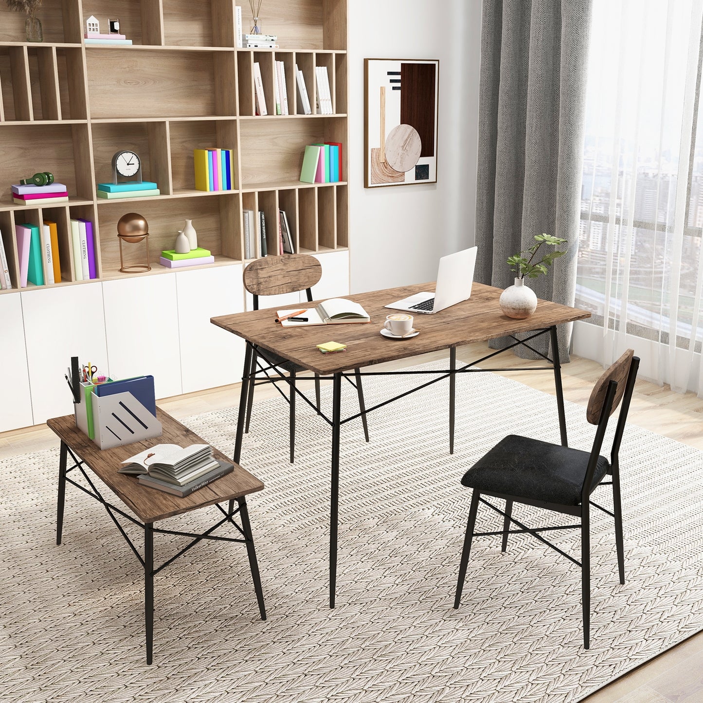 Rustic 4 Piece Dining Set with Rectangular Table Bench and Two Upholstered Chairs