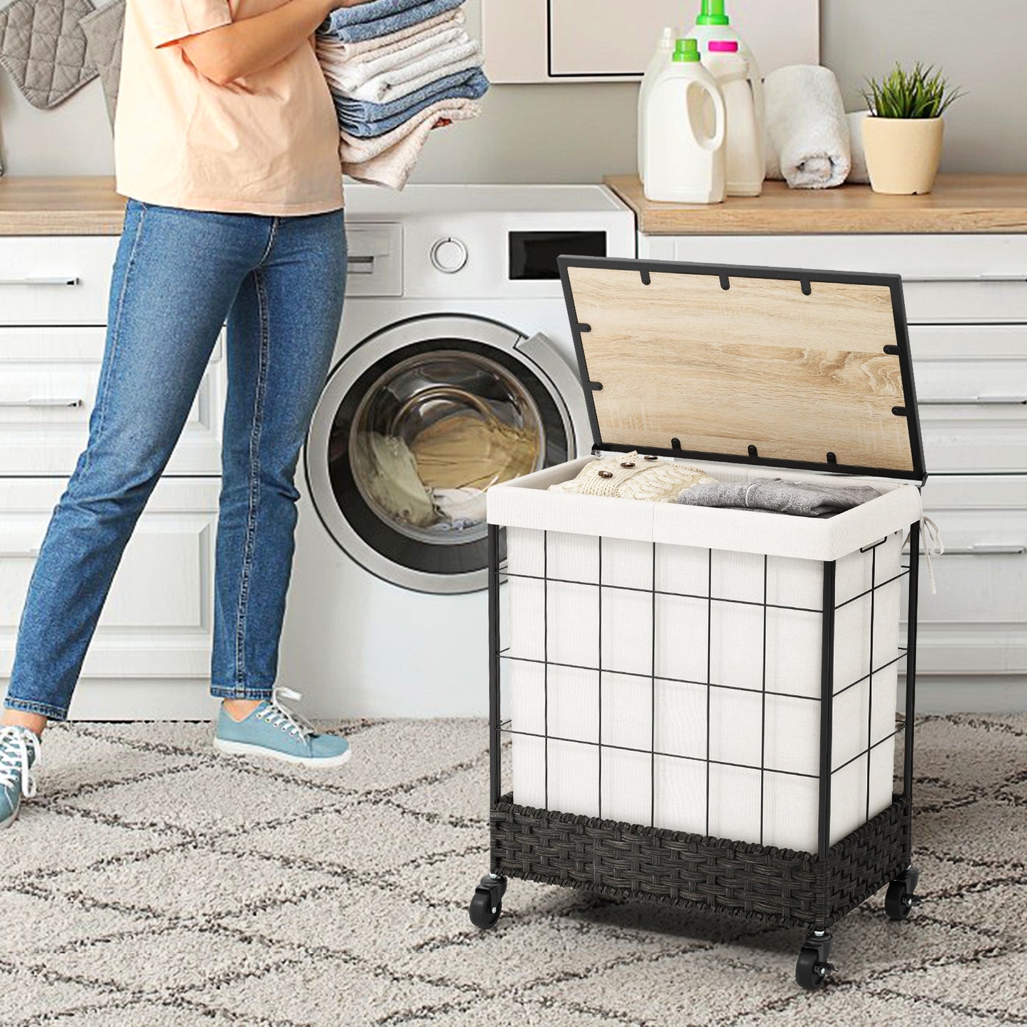Rolling Laundry Hamper with 2 Section Bag & Lockable Wheels