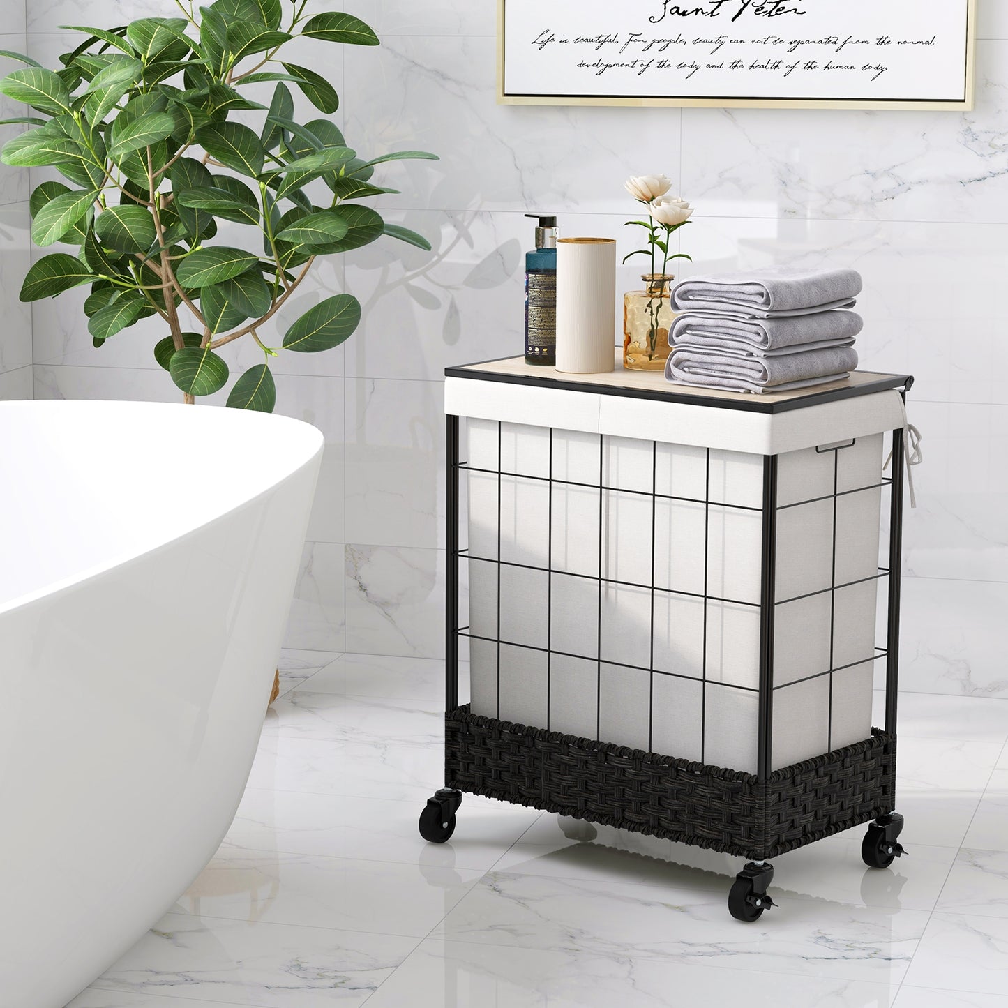 Rolling Laundry Hamper with 2 Section Bag & Lockable Wheels