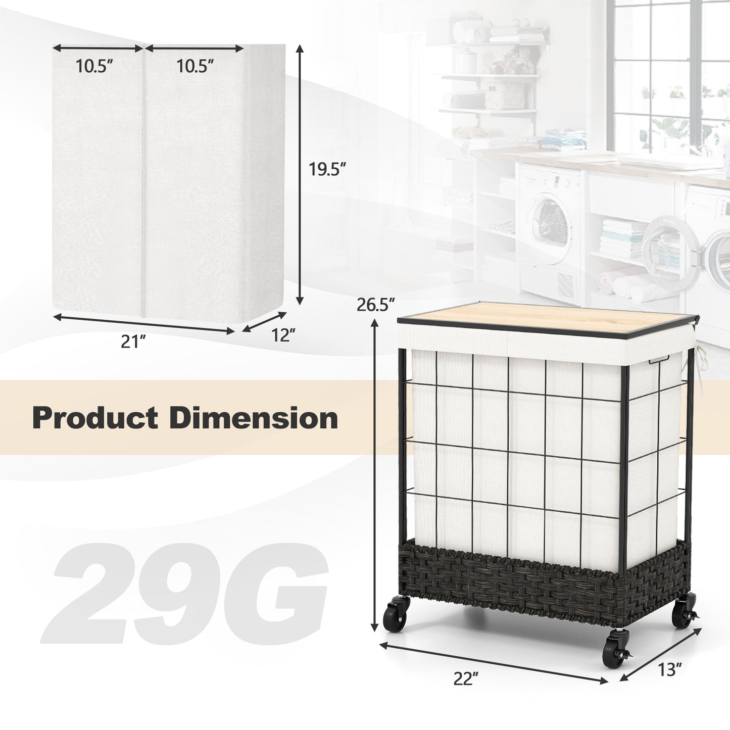 Rolling Laundry Hamper with 2 Section Bag & Lockable Wheels