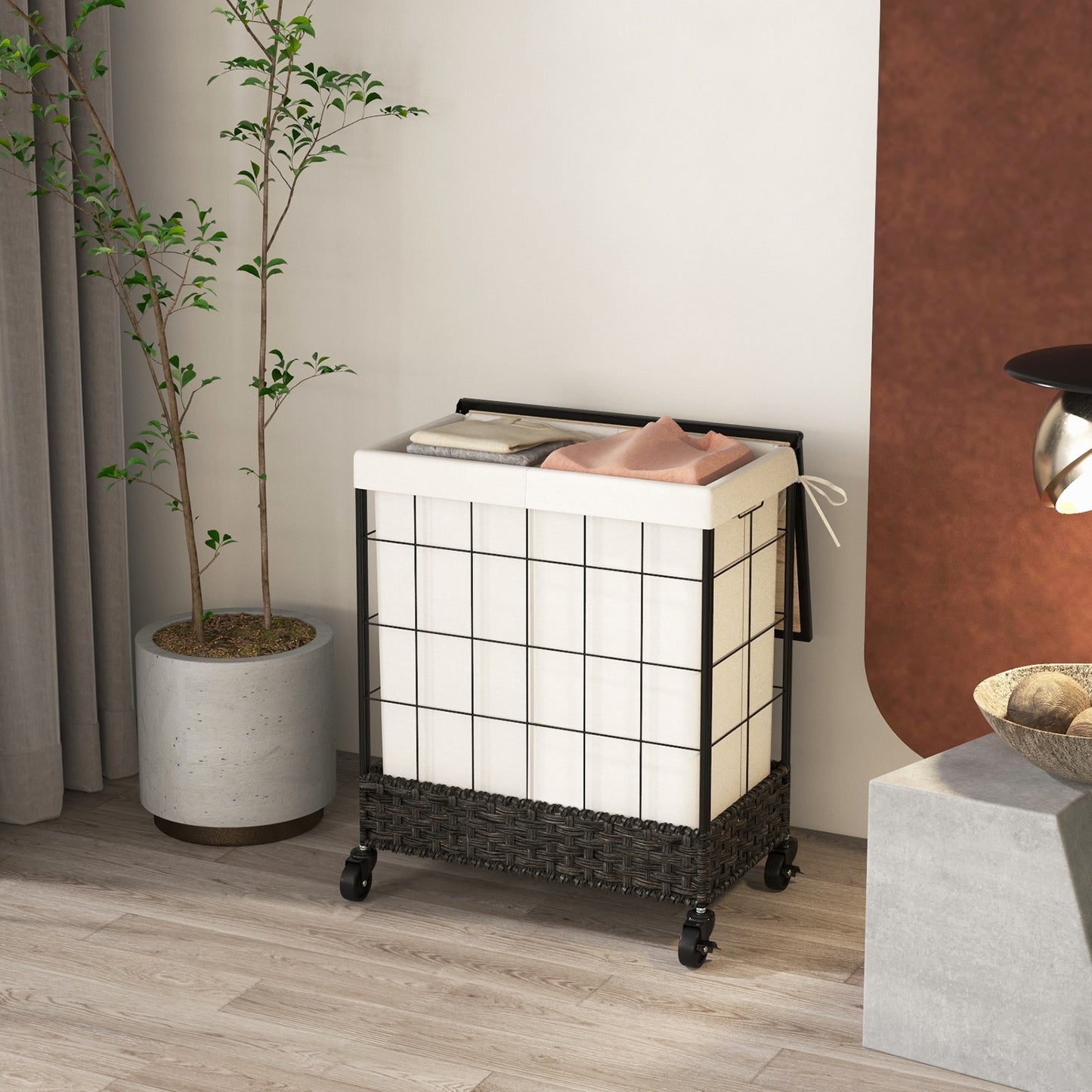 Rolling Laundry Hamper with 2 Section Bag & Lockable Wheels