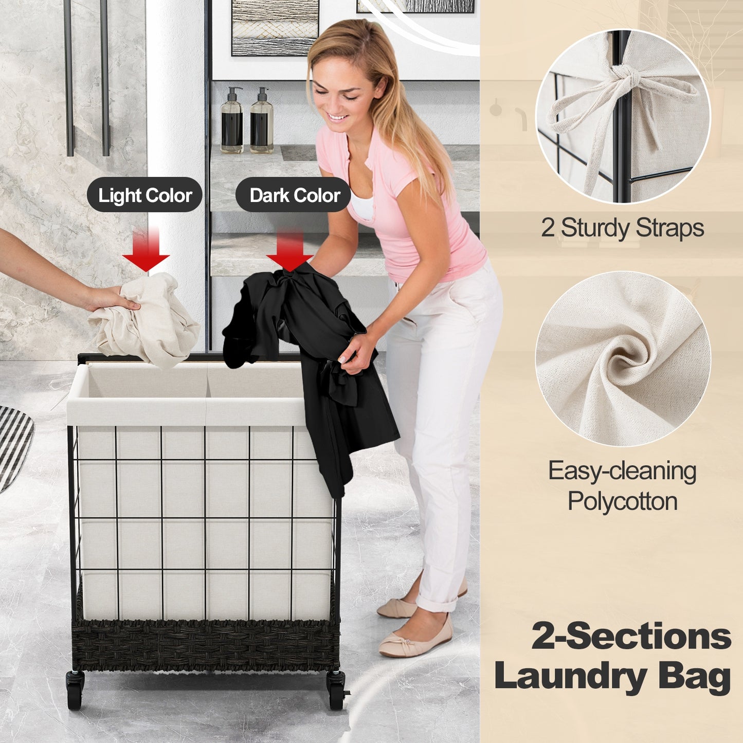 Rolling Laundry Hamper with 2 Section Bag & Lockable Wheels