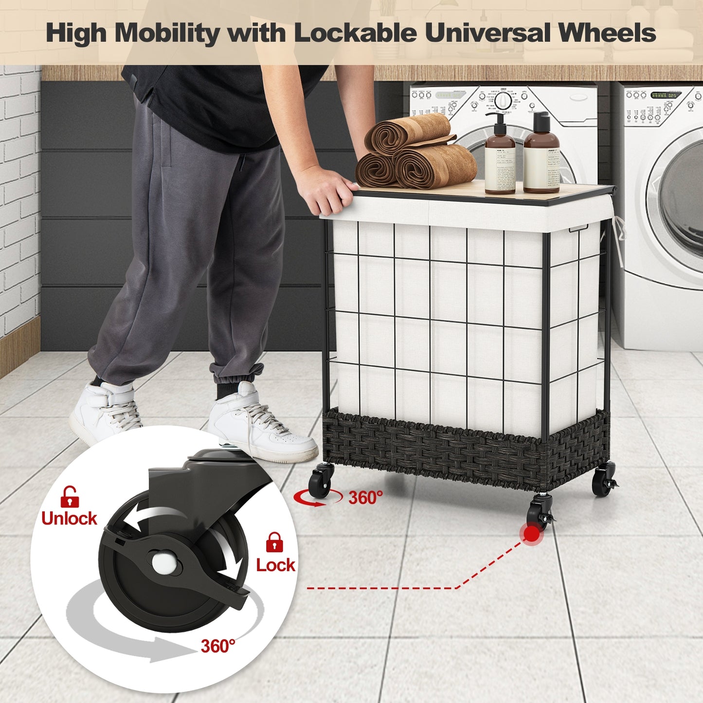 Rolling Laundry Hamper with 2 Section Bag & Lockable Wheels