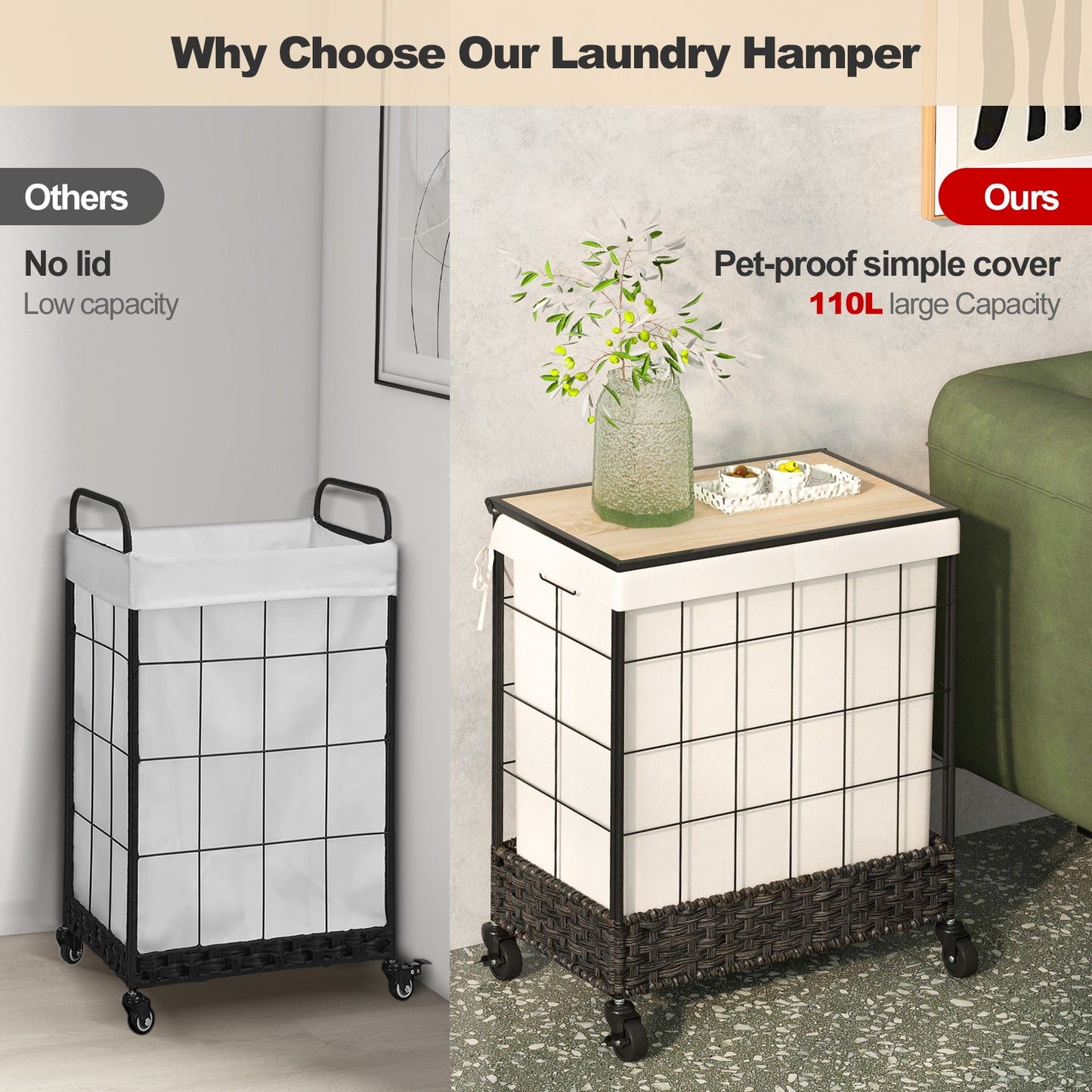 Rolling Laundry Hamper with 2 Section Bag & Lockable Wheels