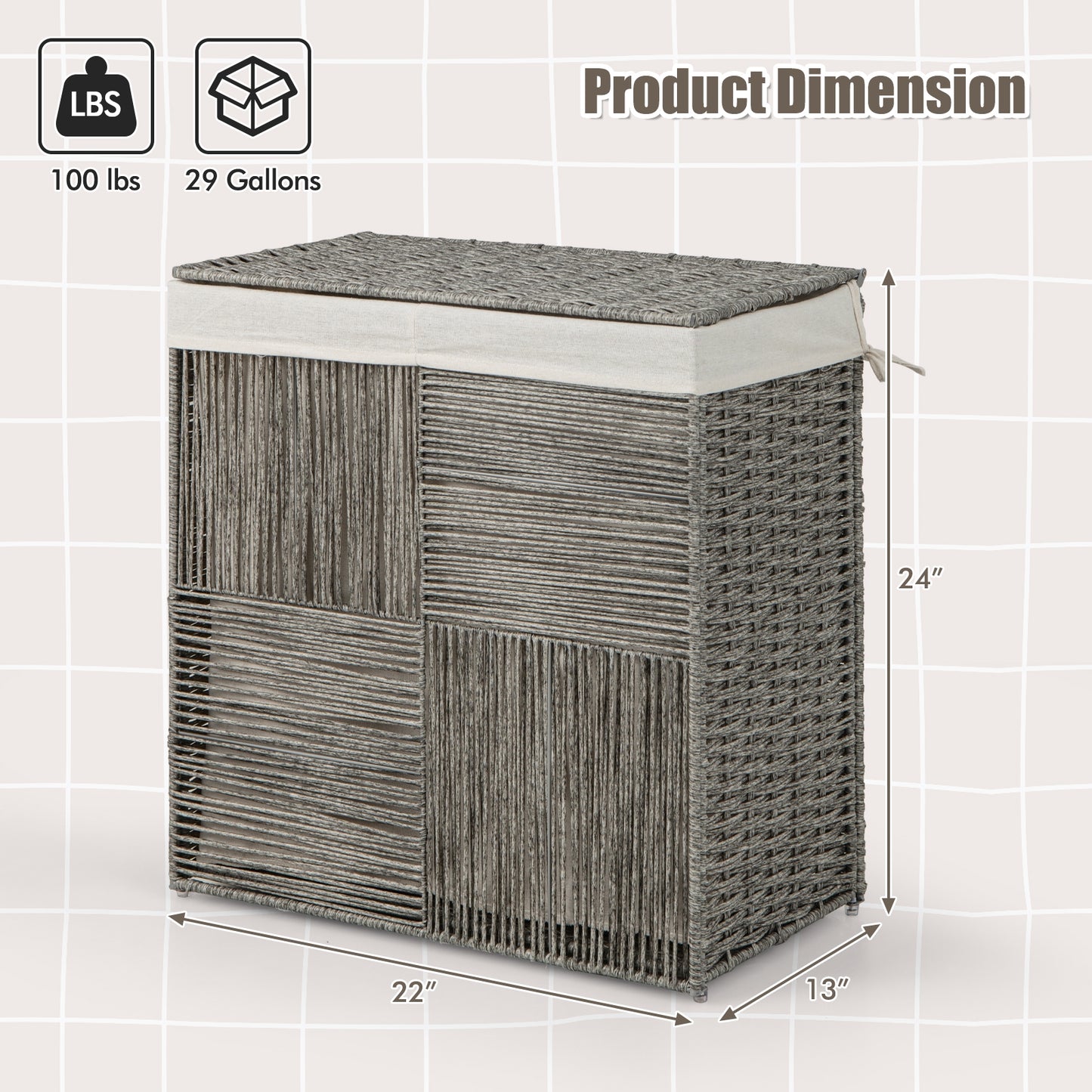 29 Gallon Hand Woven Laundry Hamper with Removable Liner Bag & Convenient Handles