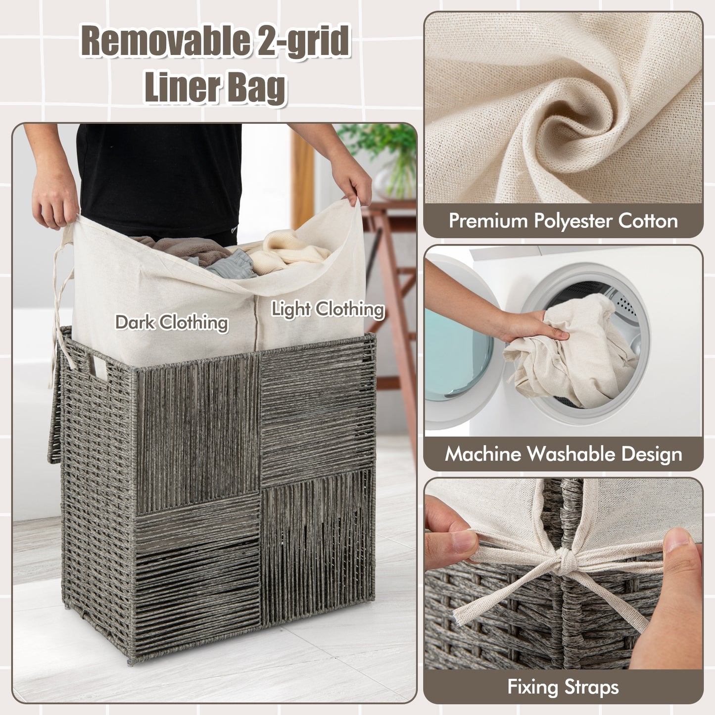 29 Gallon Hand Woven Laundry Hamper with Removable Liner Bag & Convenient Handles