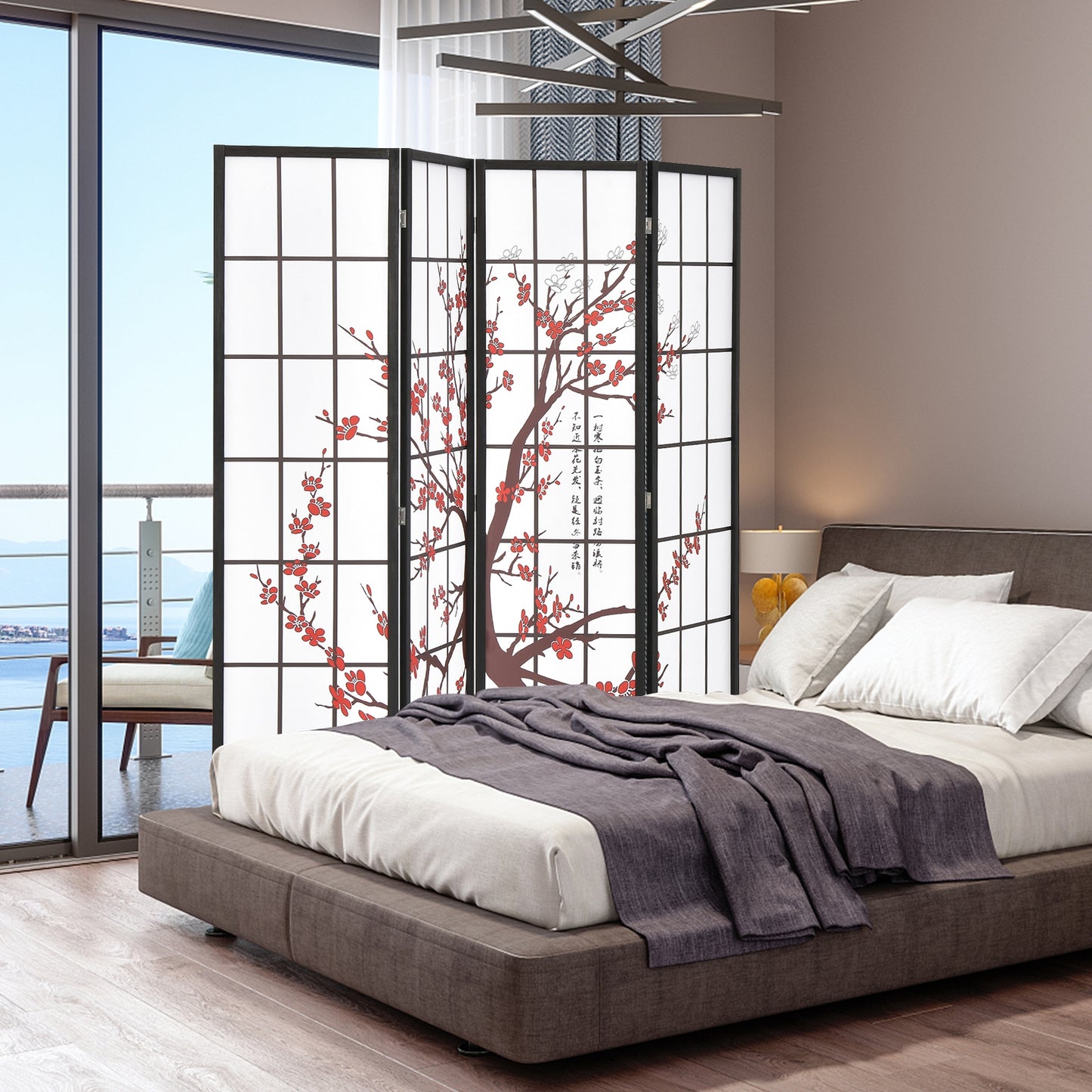 6 Foot Folding Oriental Privacy Screen with Elegant Plum Blossom Design