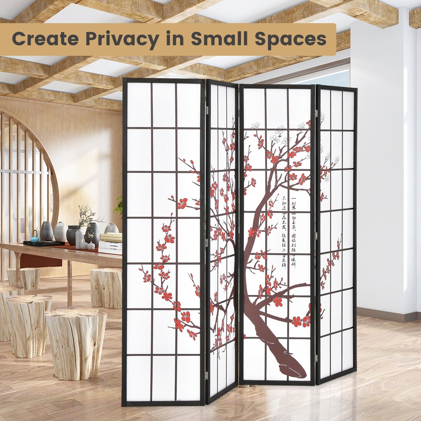 6 Foot Folding Oriental Privacy Screen with Elegant Plum Blossom Design