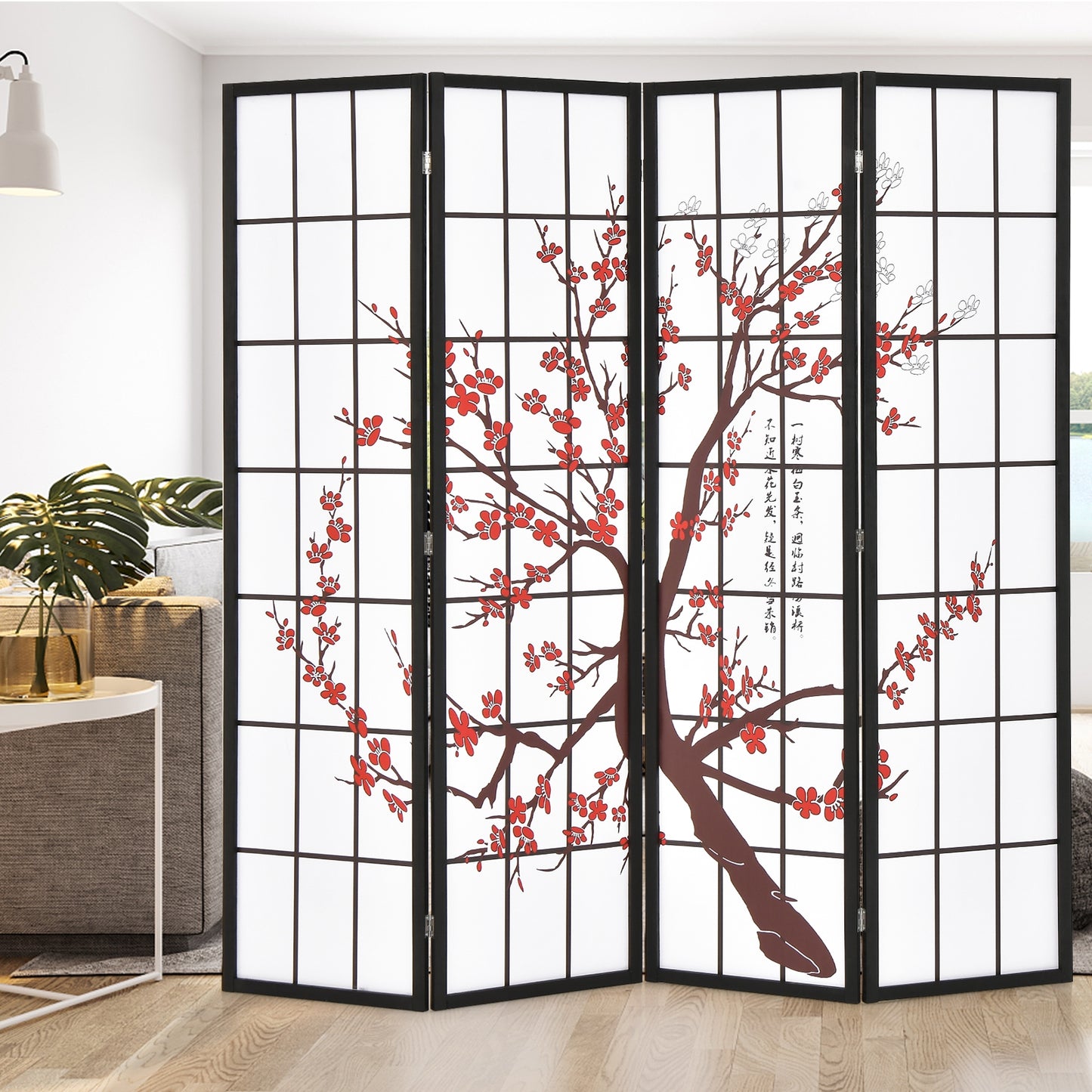 6 Foot Folding Oriental Privacy Screen with Elegant Plum Blossom Design