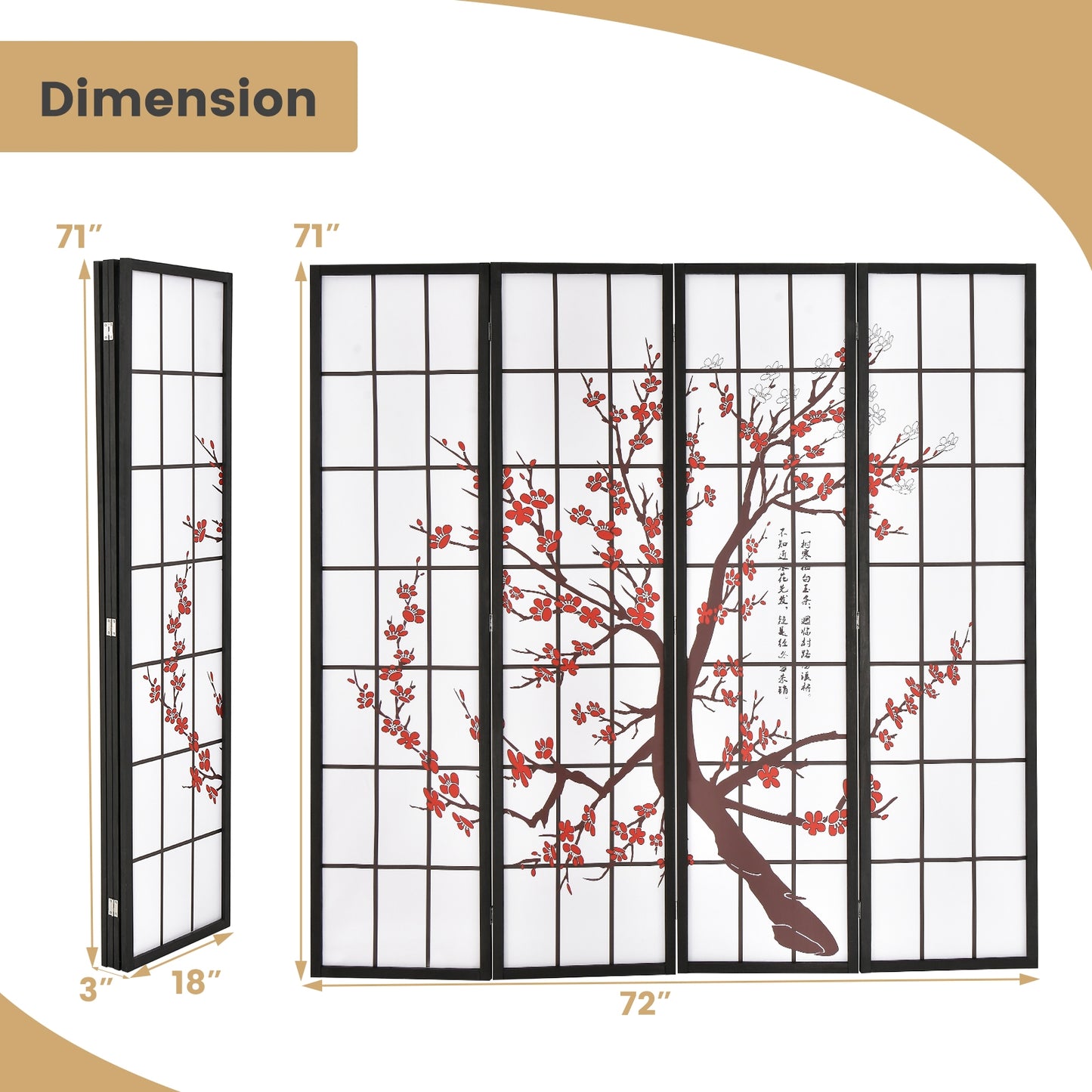 6 Foot Folding Oriental Privacy Screen with Elegant Plum Blossom Design