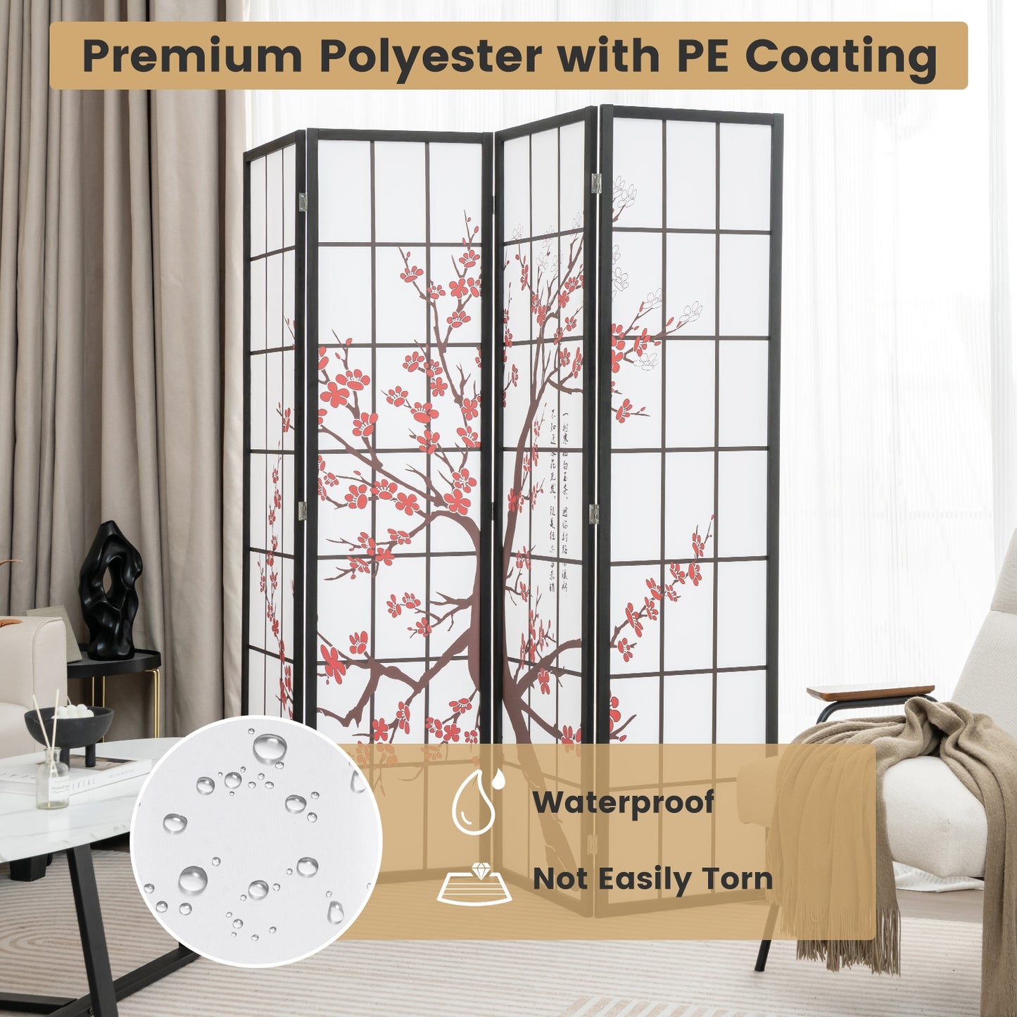 6 Foot Folding Oriental Privacy Screen with Elegant Plum Blossom Design
