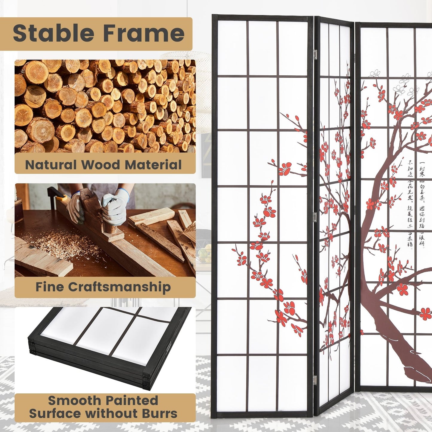 6 Foot Folding Oriental Privacy Screen with Elegant Plum Blossom Design