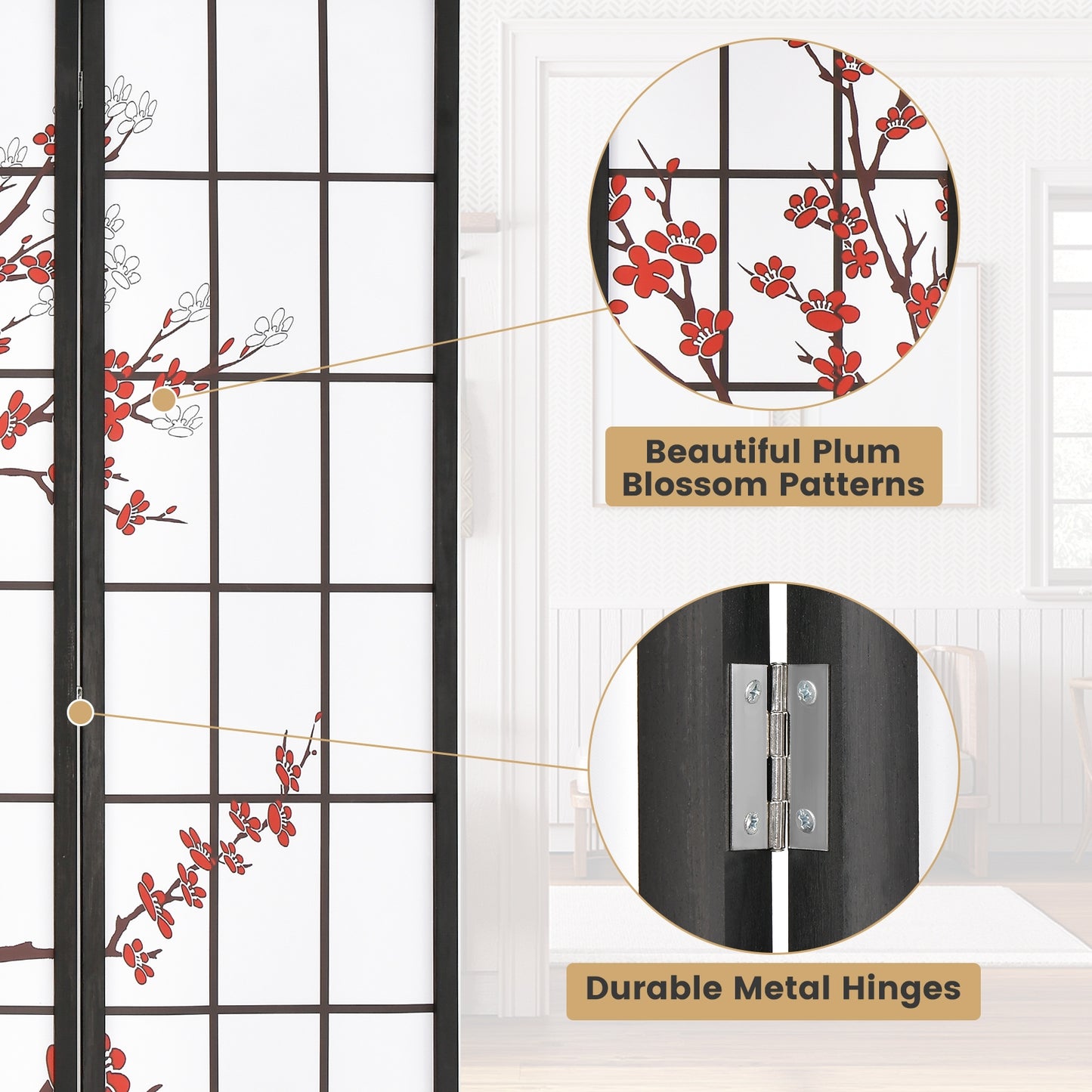 6 Foot Folding Oriental Privacy Screen with Elegant Plum Blossom Design