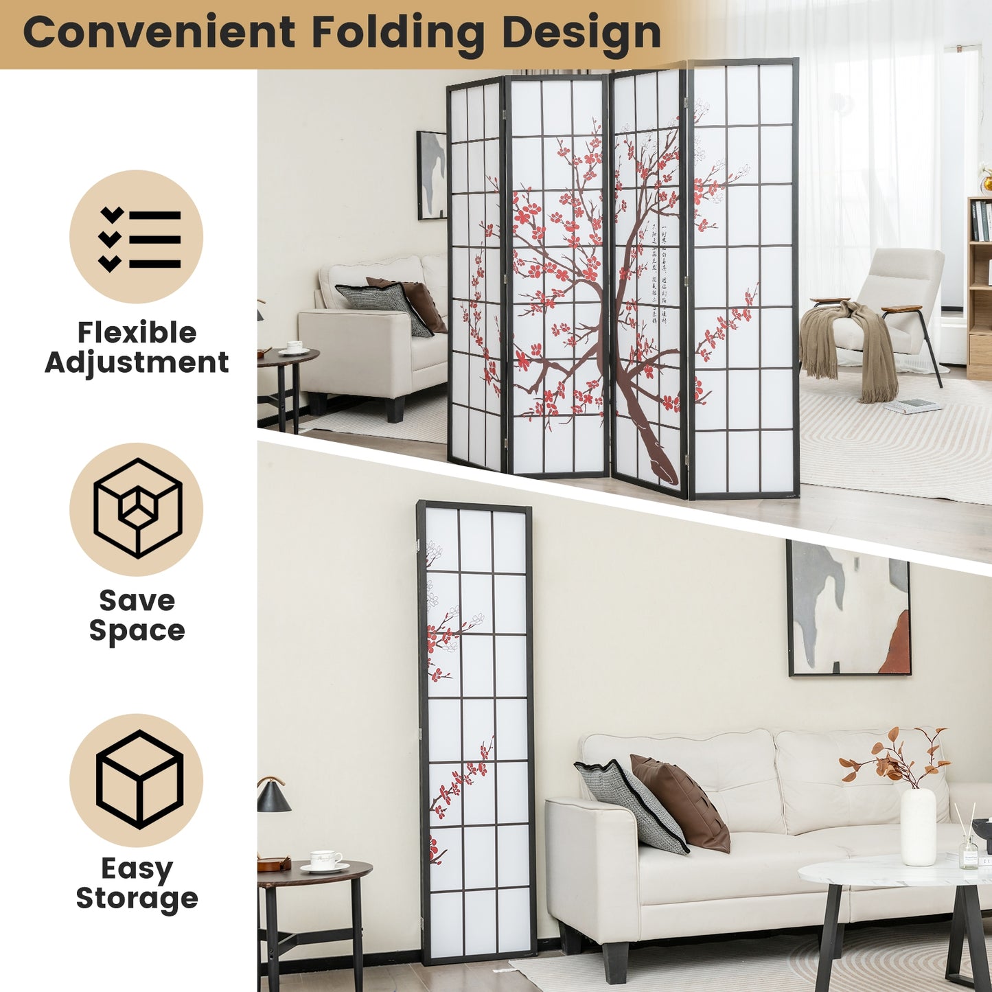 6 Foot Folding Oriental Privacy Screen with Elegant Plum Blossom Design