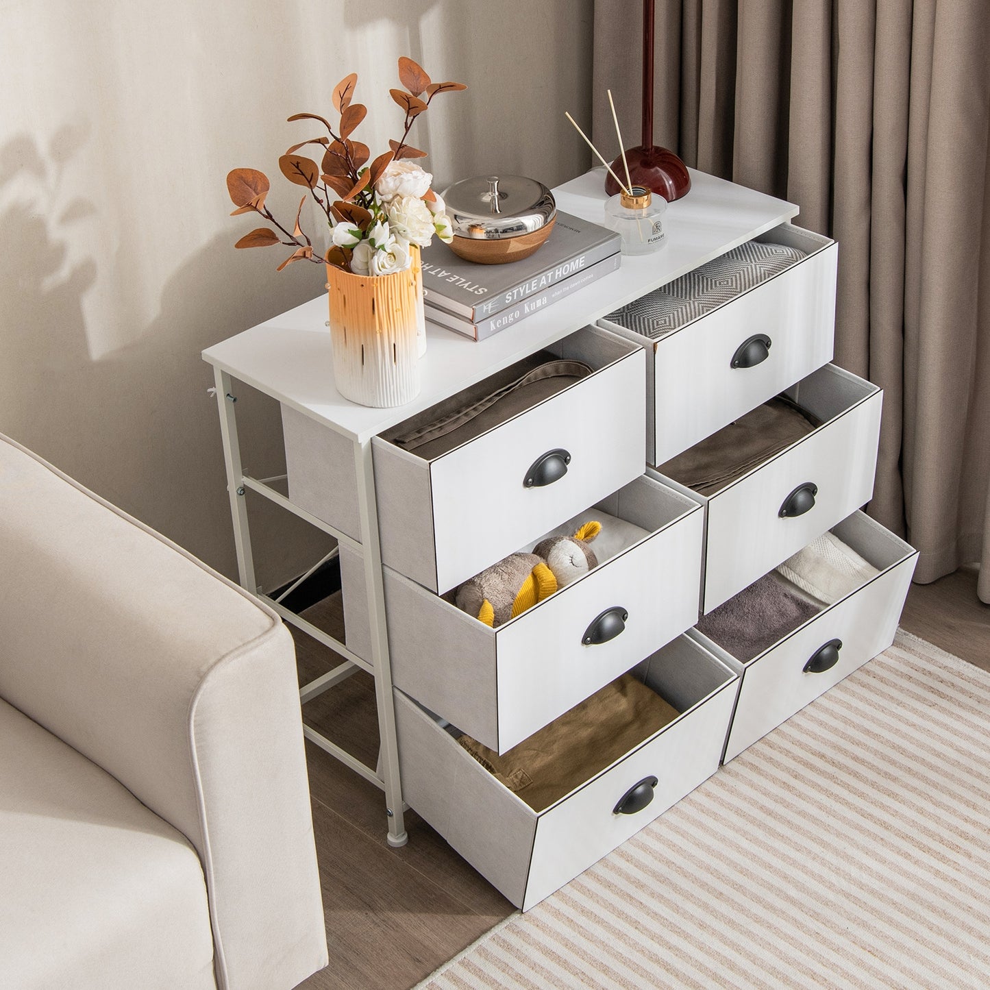 6 Drawer Storage Chest with Fabric Bins and Wood Top in White