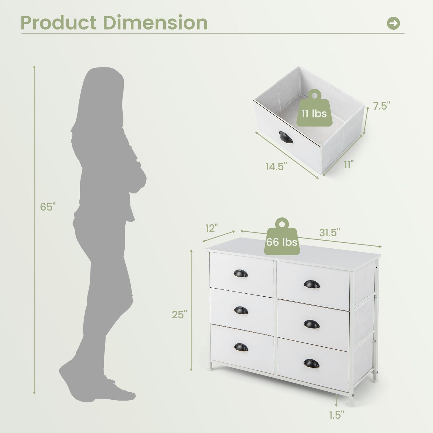 6 Drawer Storage Chest with Fabric Bins and Wood Top in White