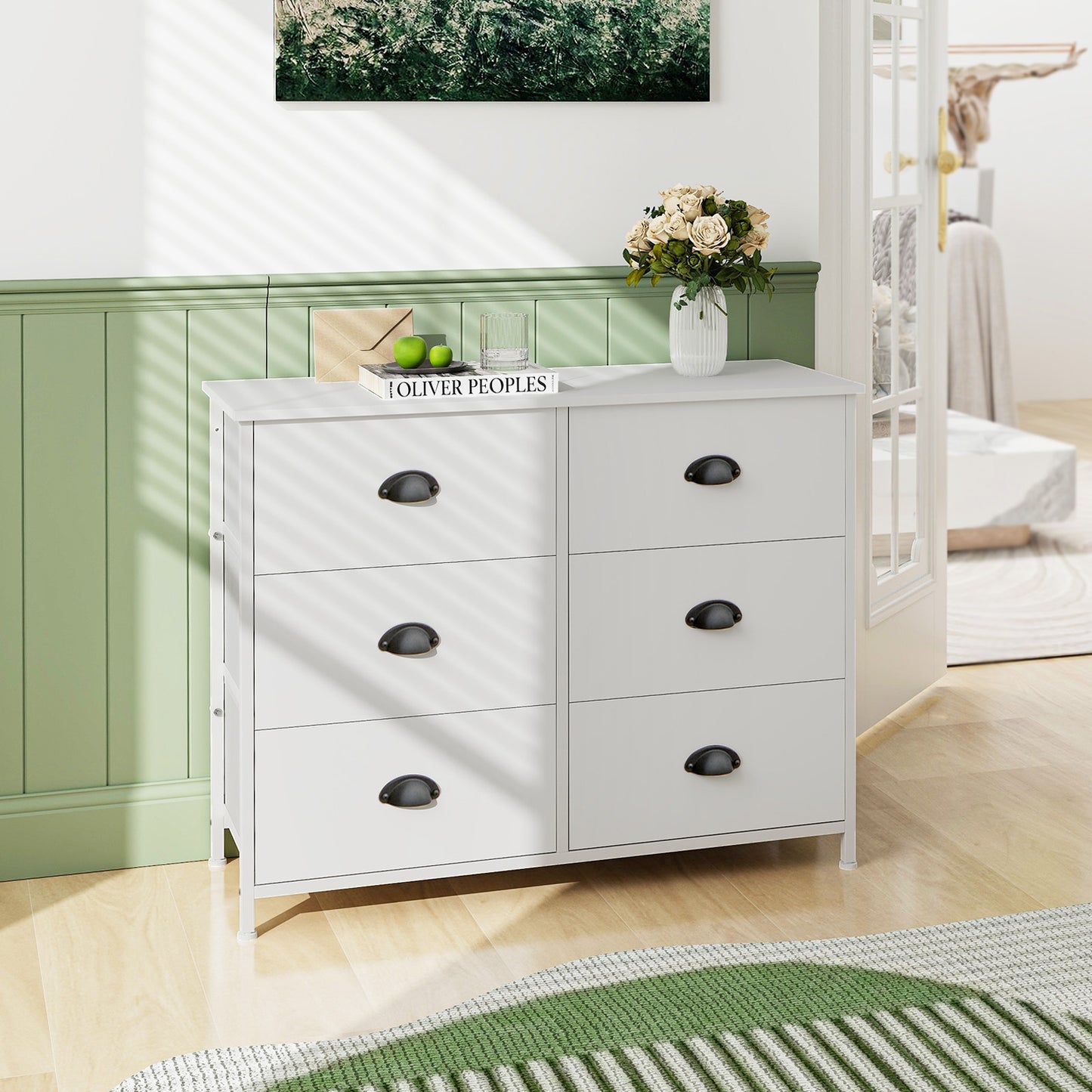 6 Drawer Storage Chest with Fabric Bins and Wood Top in White