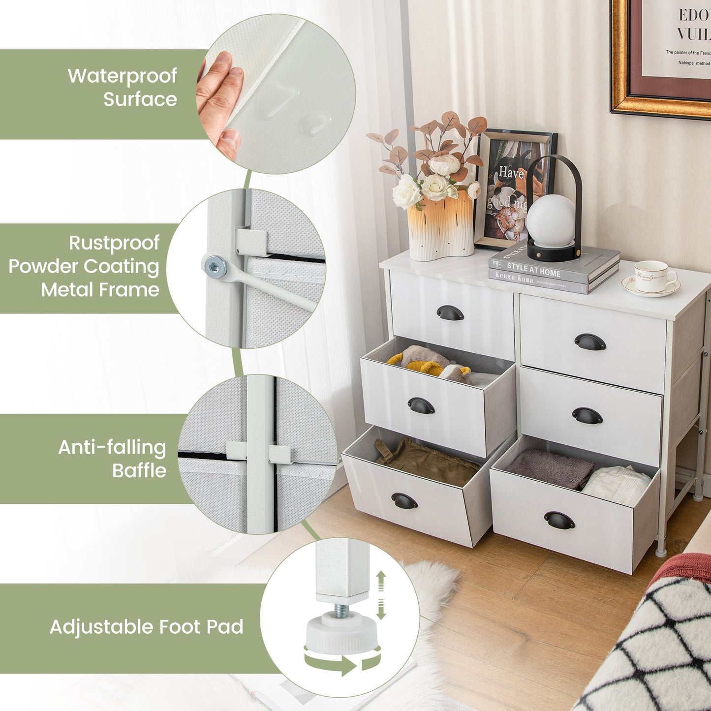 6 Drawer Storage Chest with Fabric Bins and Wood Top in White