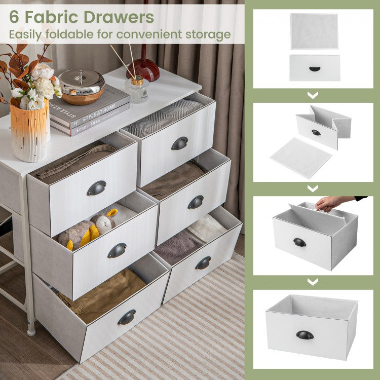 6 Drawer Storage Chest with Fabric Bins and Wood Top in White