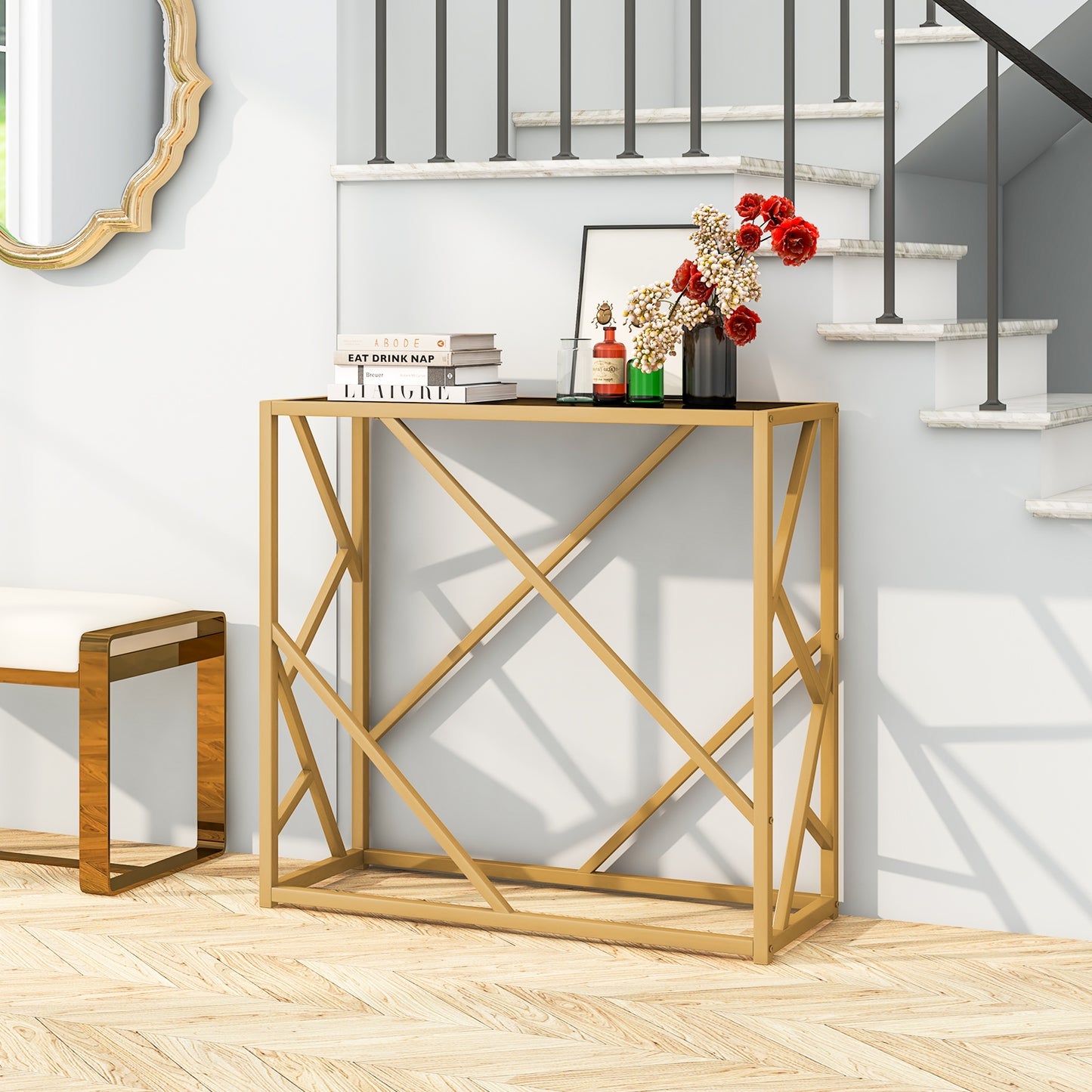 Gold Metal Frame Entryway Table with Adjustable Foot Pads for Stability