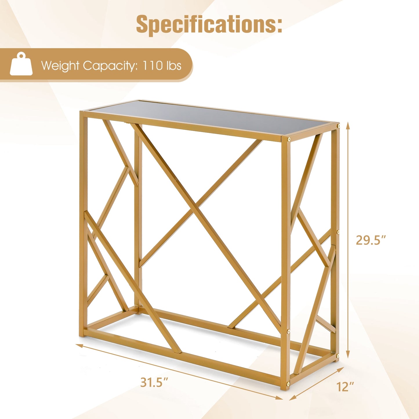 Gold Metal Frame Entryway Table with Adjustable Foot Pads for Stability