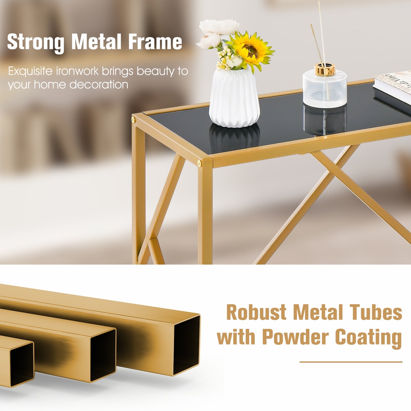 Gold Metal Frame Entryway Table with Adjustable Foot Pads for Stability