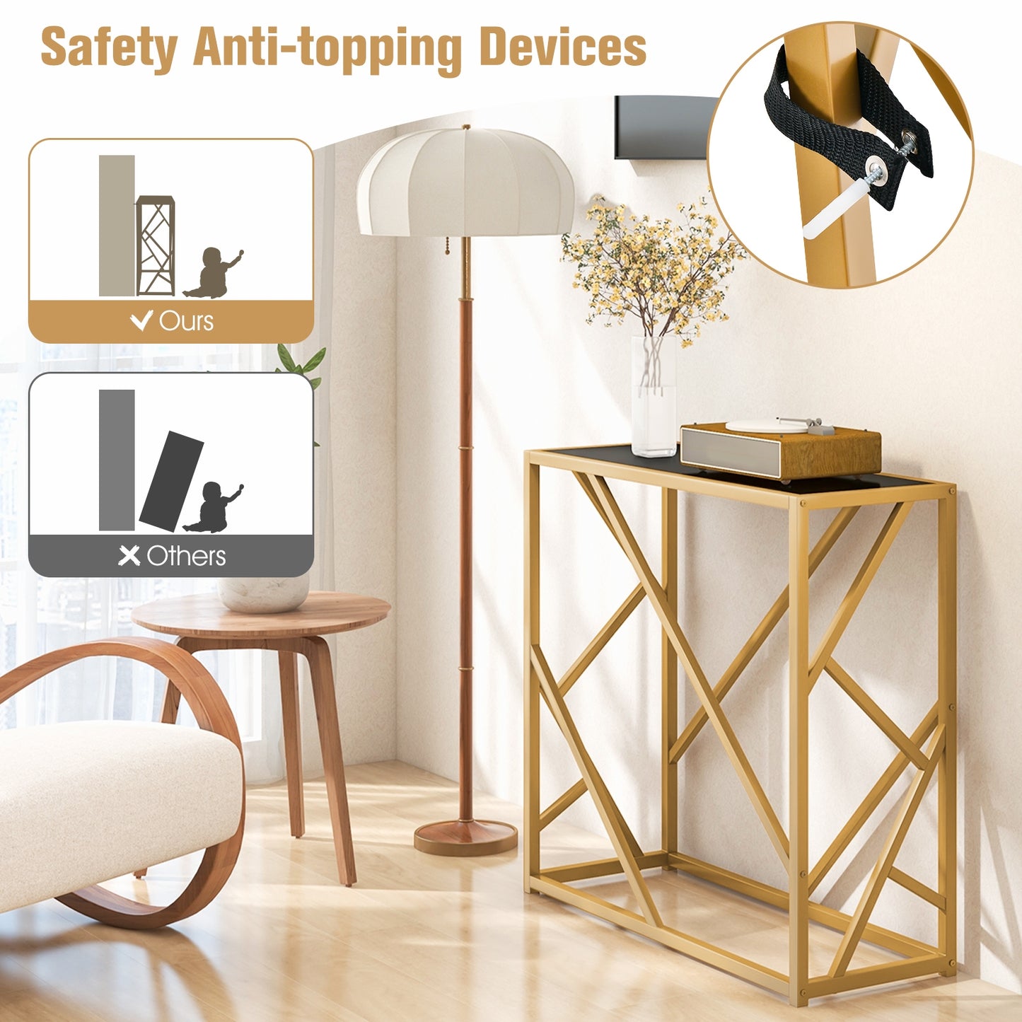 Gold Metal Frame Entryway Table with Adjustable Foot Pads for Stability