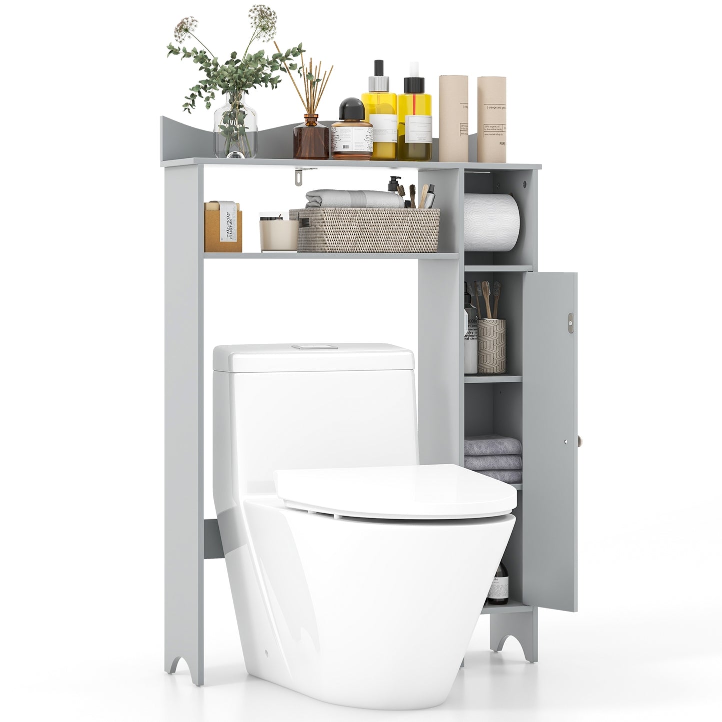 Wooden Over-the-Toilet Storage Cabinet with Adjustable Shelves & Toilet Paper Holder